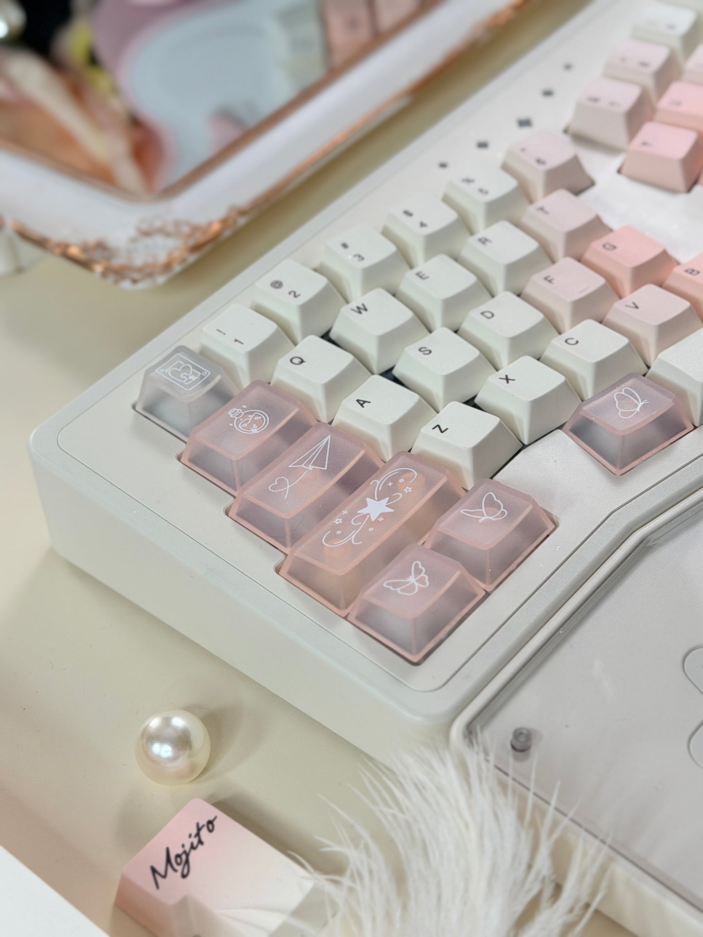 ONLY 1 Instock Prebuilt Aluminum Customized Mechanical Keyboard Staralice Cream White Set With Wristrest & Bow Pad