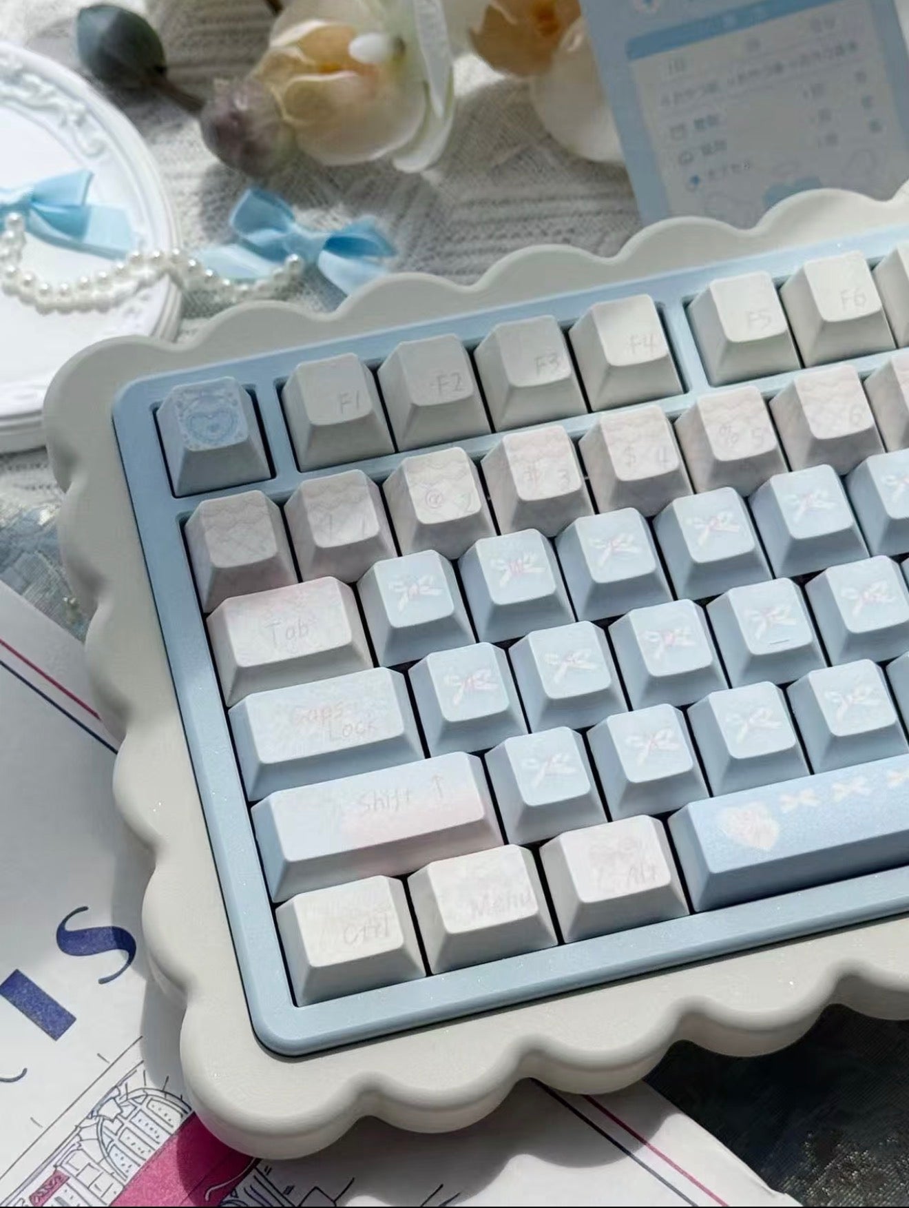 #0303 Aqua Lace Dream Garden Keycaps | Kawaii Pastel Floral & Bow PBT Keycap Set