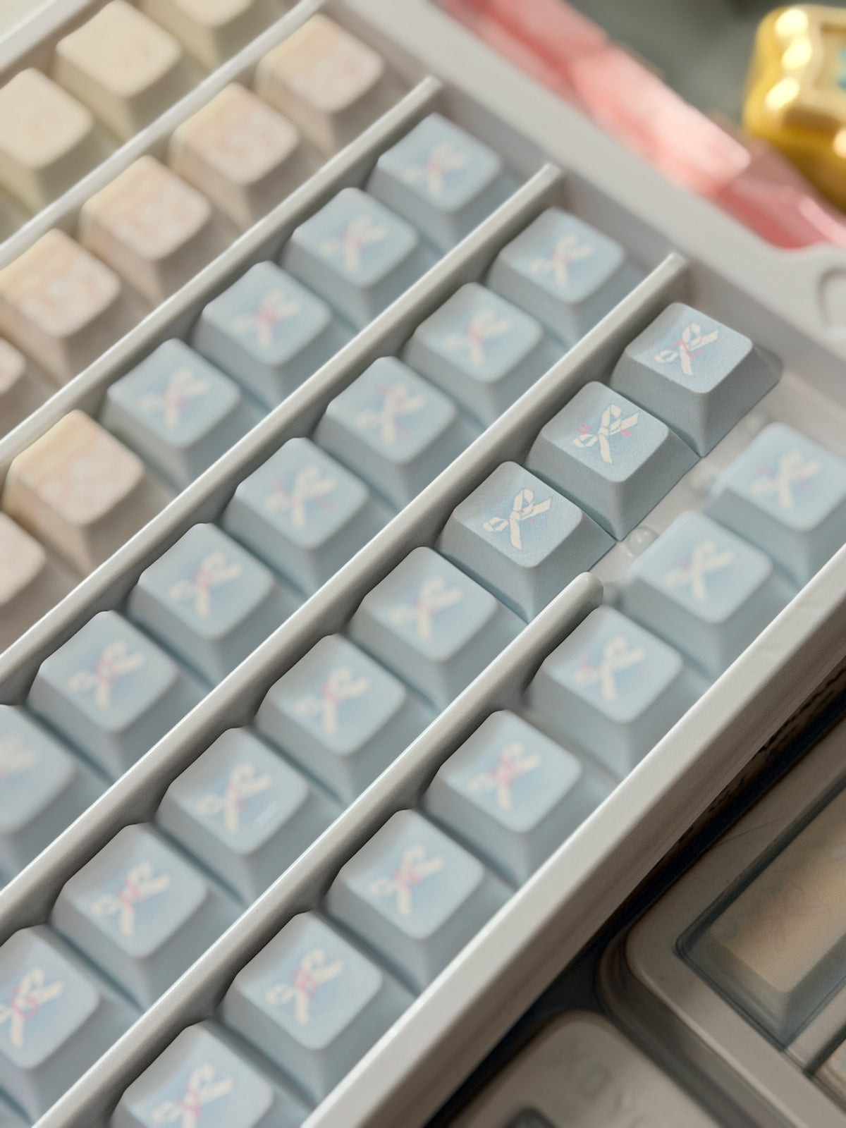 #0303 Aqua Lace Dream Garden Keycaps | Kawaii Pastel Floral & Bow PBT Keycap Set