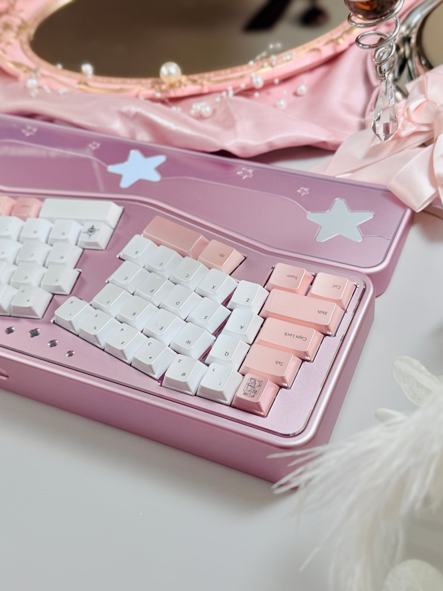 ONLY 1 Instock Prebuilt Aluminum Custom Mechanical Keyboard Staralice Ergonomic Anodized Pink Set including Wristrest Keycaps & switches