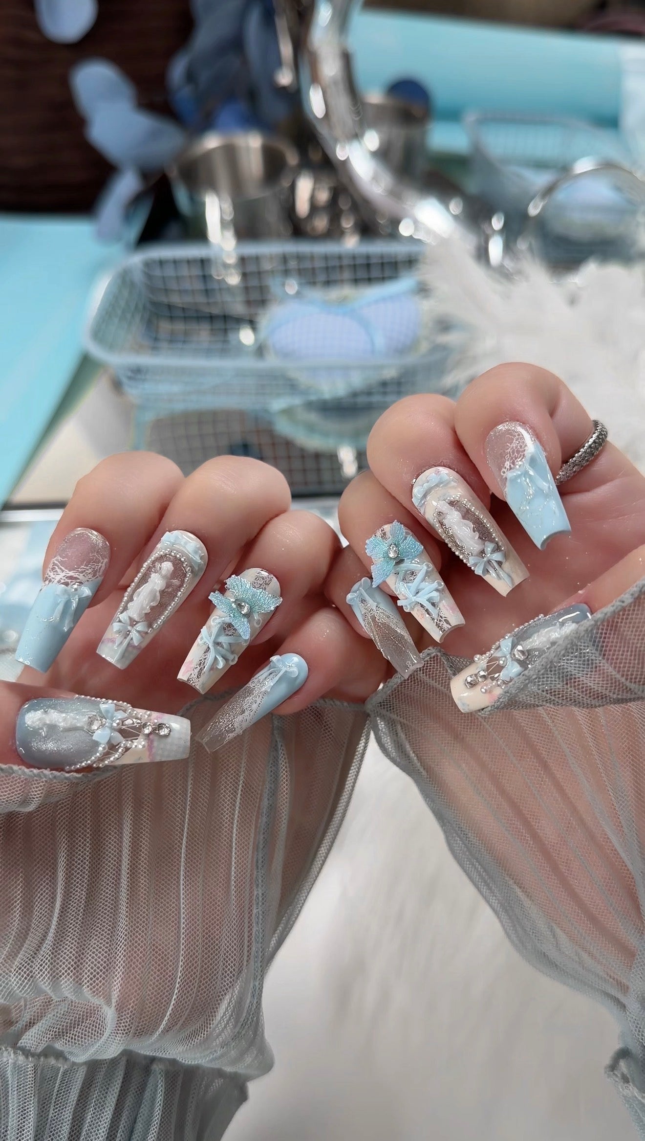 Blue Magnetic Butterfly Lace Press On Nails Long Coffin Pearl Beads Angel