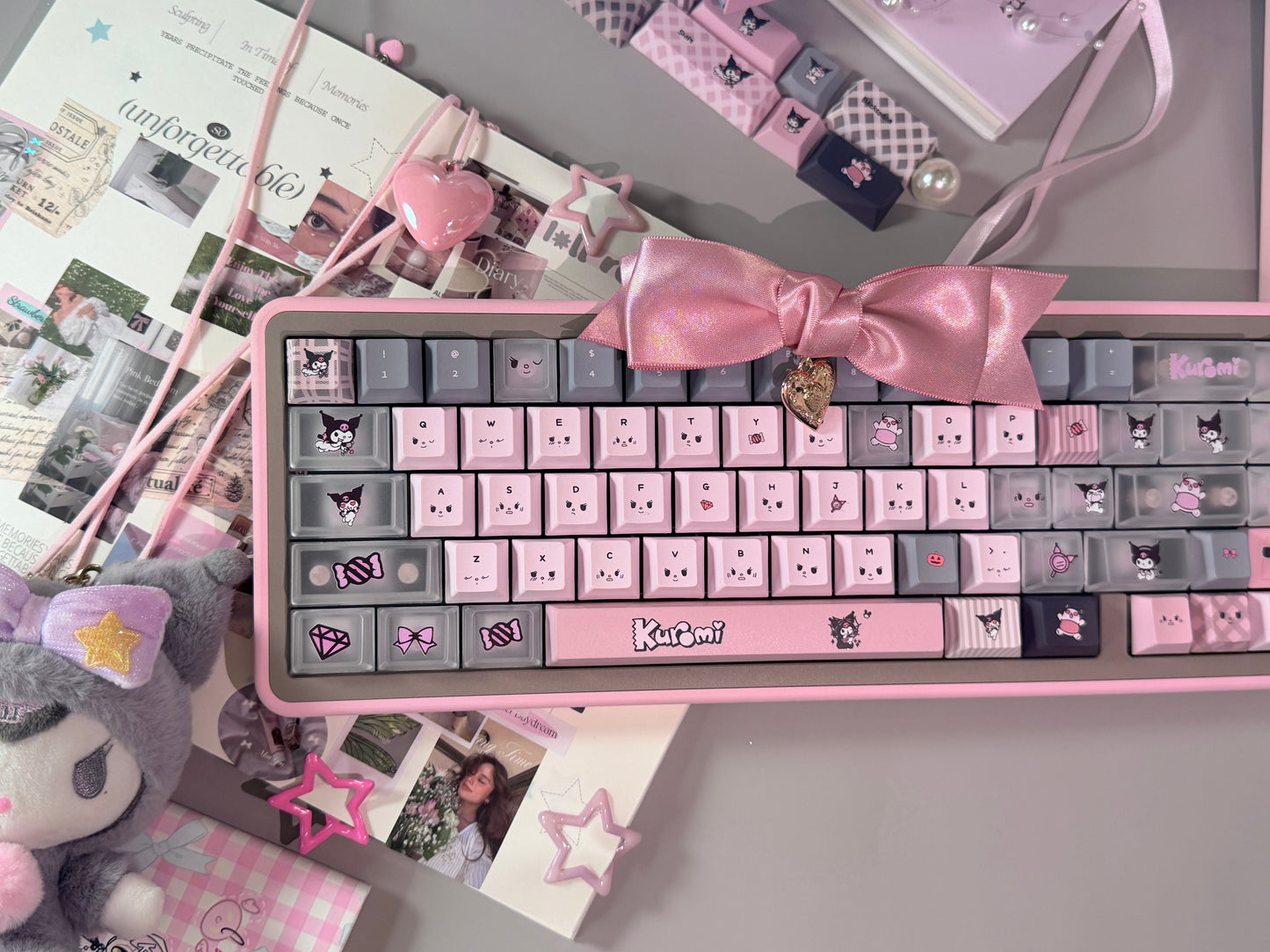 ONLY 1 INSTOCK Prebuilt Aluminum Customized Mechanical Keyboard Rose65 Grey Pink Set With Bow Pad