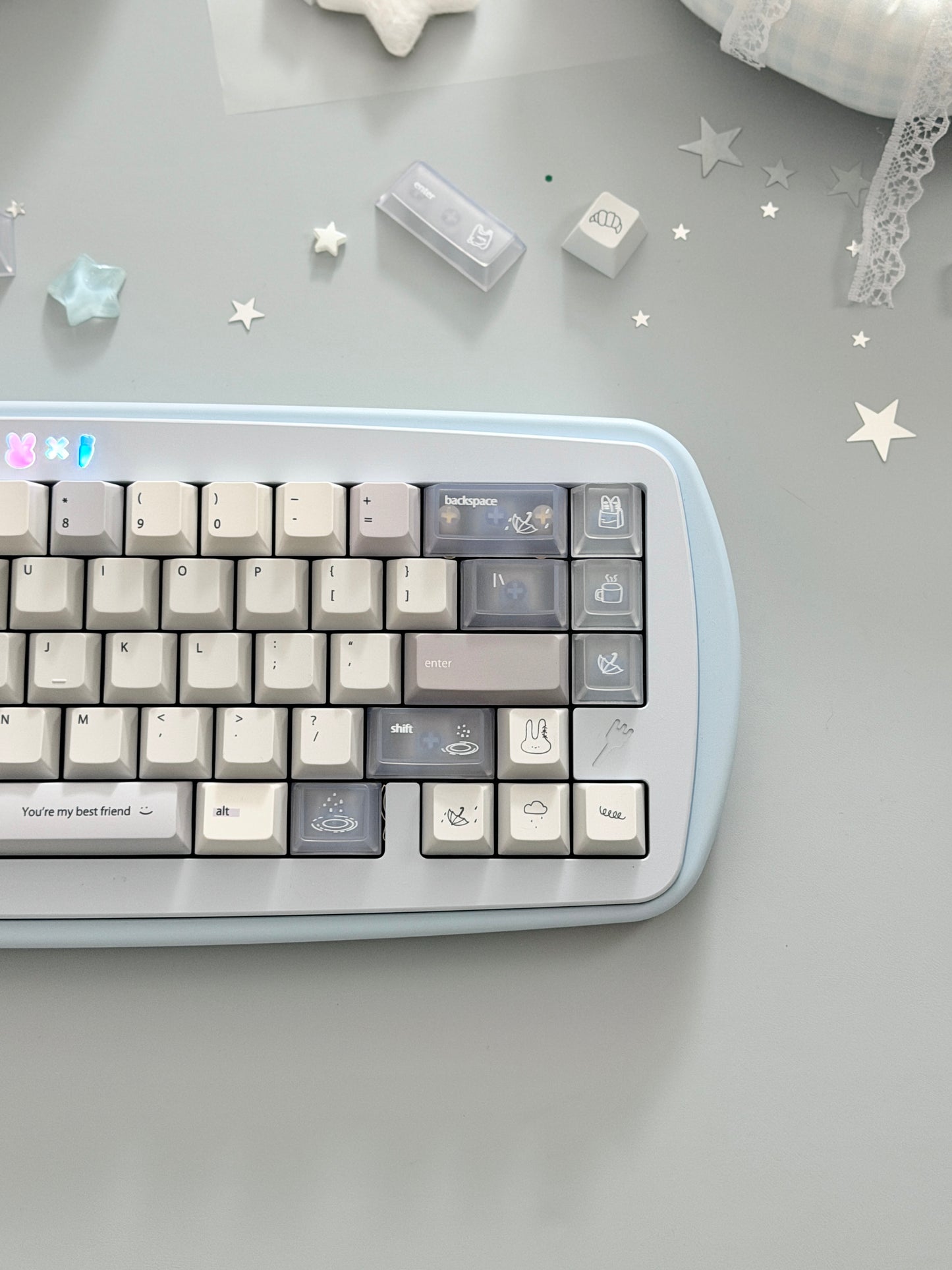 #0296 Minimalist Pale Blue White & Gray Keycap Set – Retro Japanese Style PBT Keycaps for Mechanical Keyboards Designed By Mochi Lab