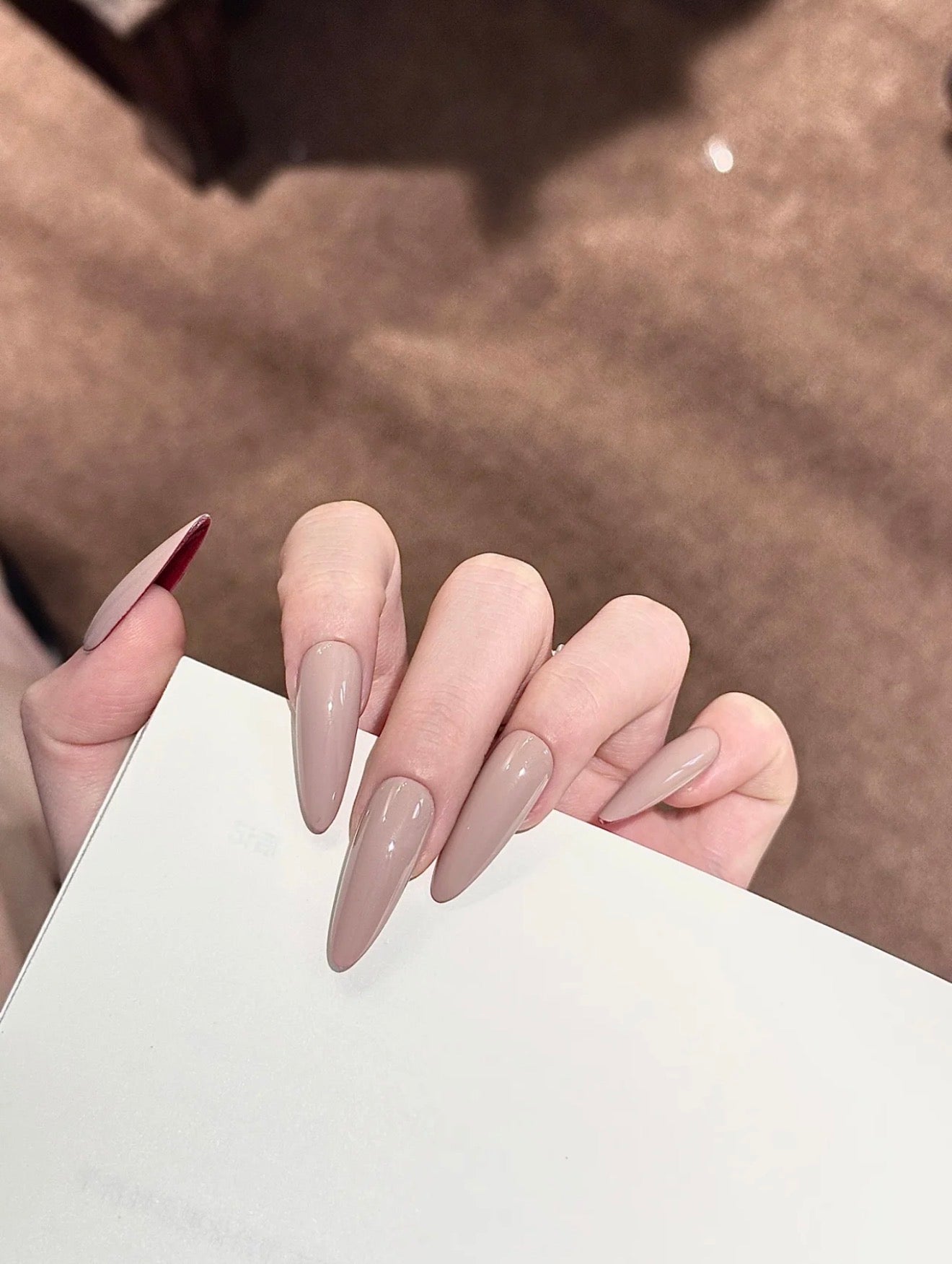 ONLY 1 Left Designer False Nails Red-Bottom High Heels & Milk Tea Long Teardrop Press-On Nails