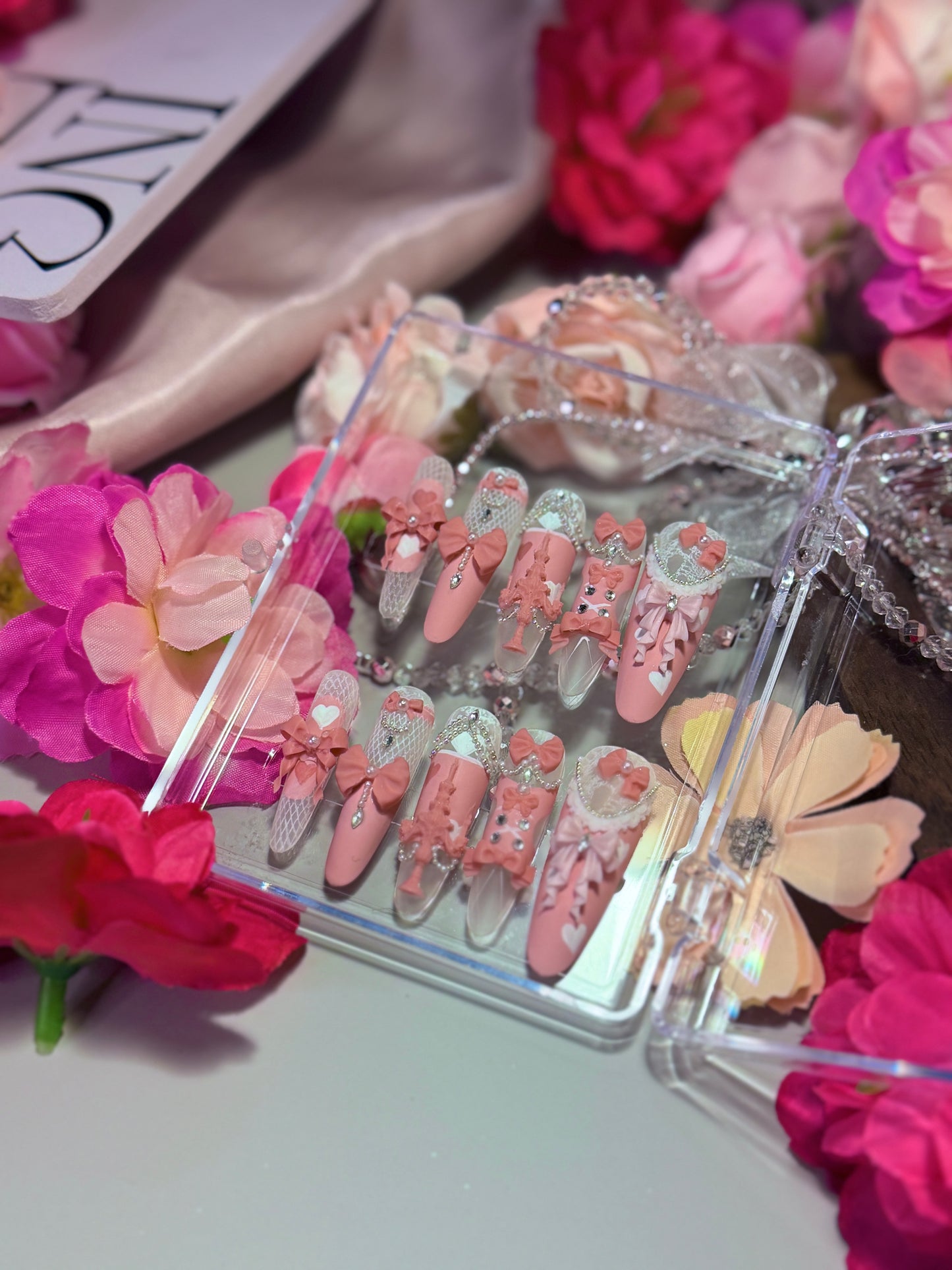 Pink Princess Bow Lace Flower Matte Finish Press On Nails Long Y05 With Pearl Beads Diamond Decor