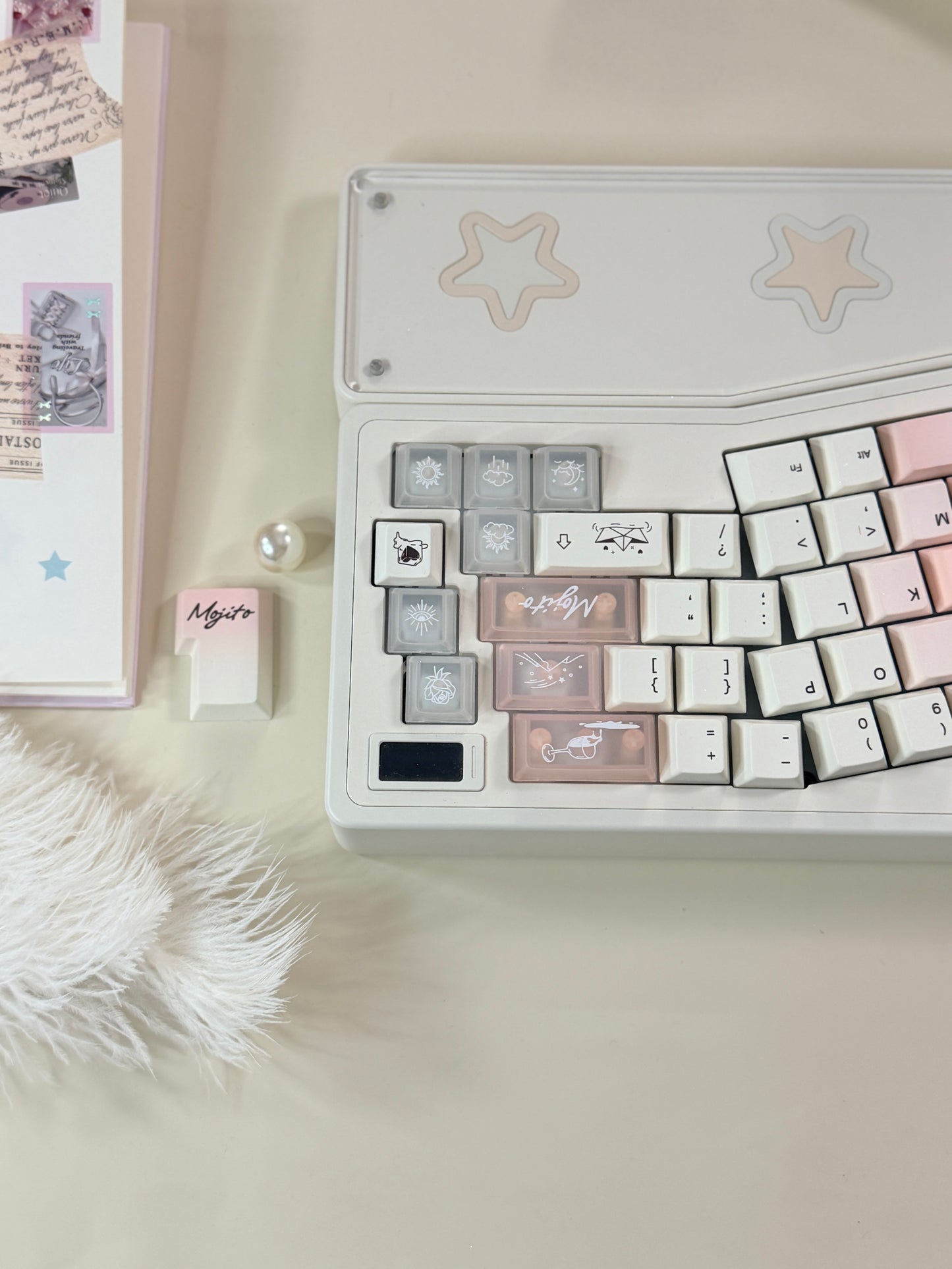 ONLY 1 Instock Prebuilt Aluminum Customized Mechanical Keyboard Staralice Cream White Set With Wristrest & Bow Pad