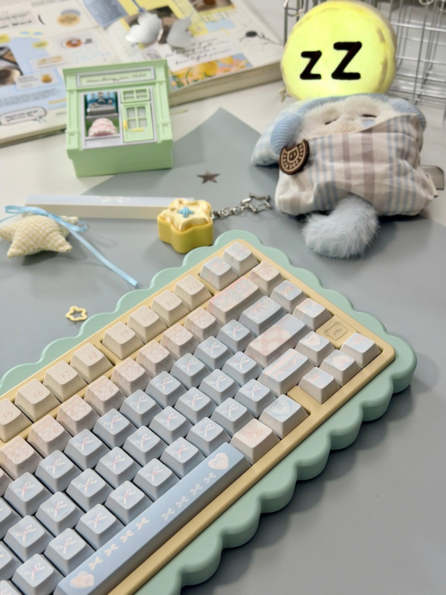 #0303 Aqua Lace Dream Garden Keycaps | Kawaii Pastel Floral & Bow PBT Keycap Set