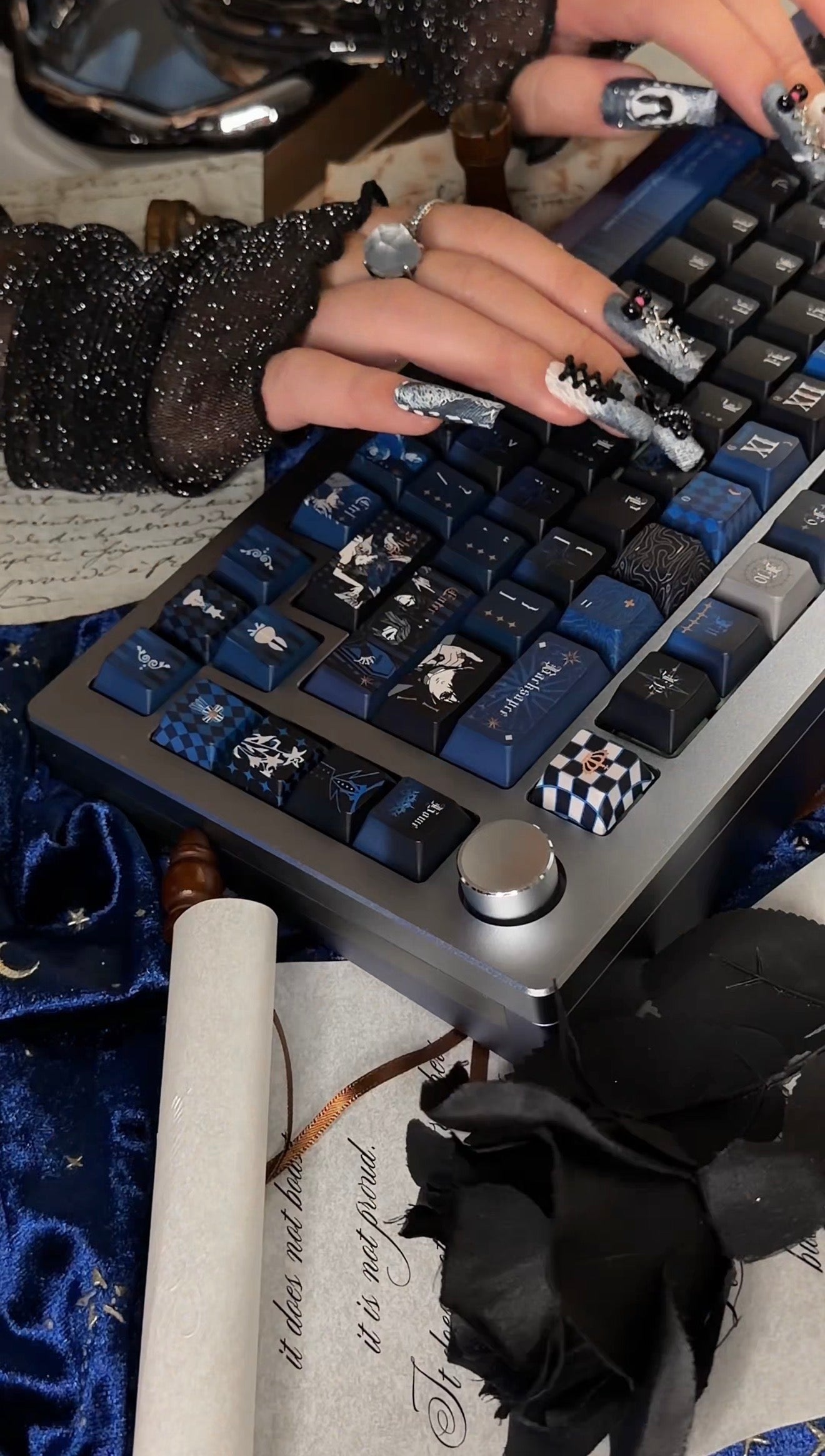 Punk Bunny 3D Lace Strap Denim Jeans Pattern Press On Nails Long Pipe Handmade Paint