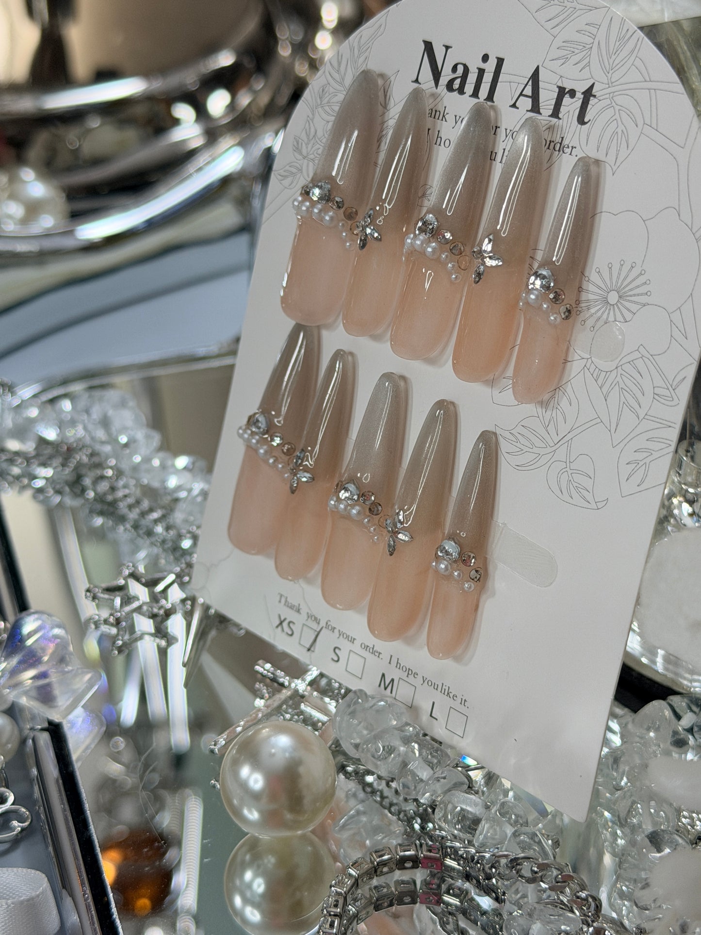 Silver Champagne Press On Nails Shimmering Diamond Pearl Long Stelitto Handmade Nail