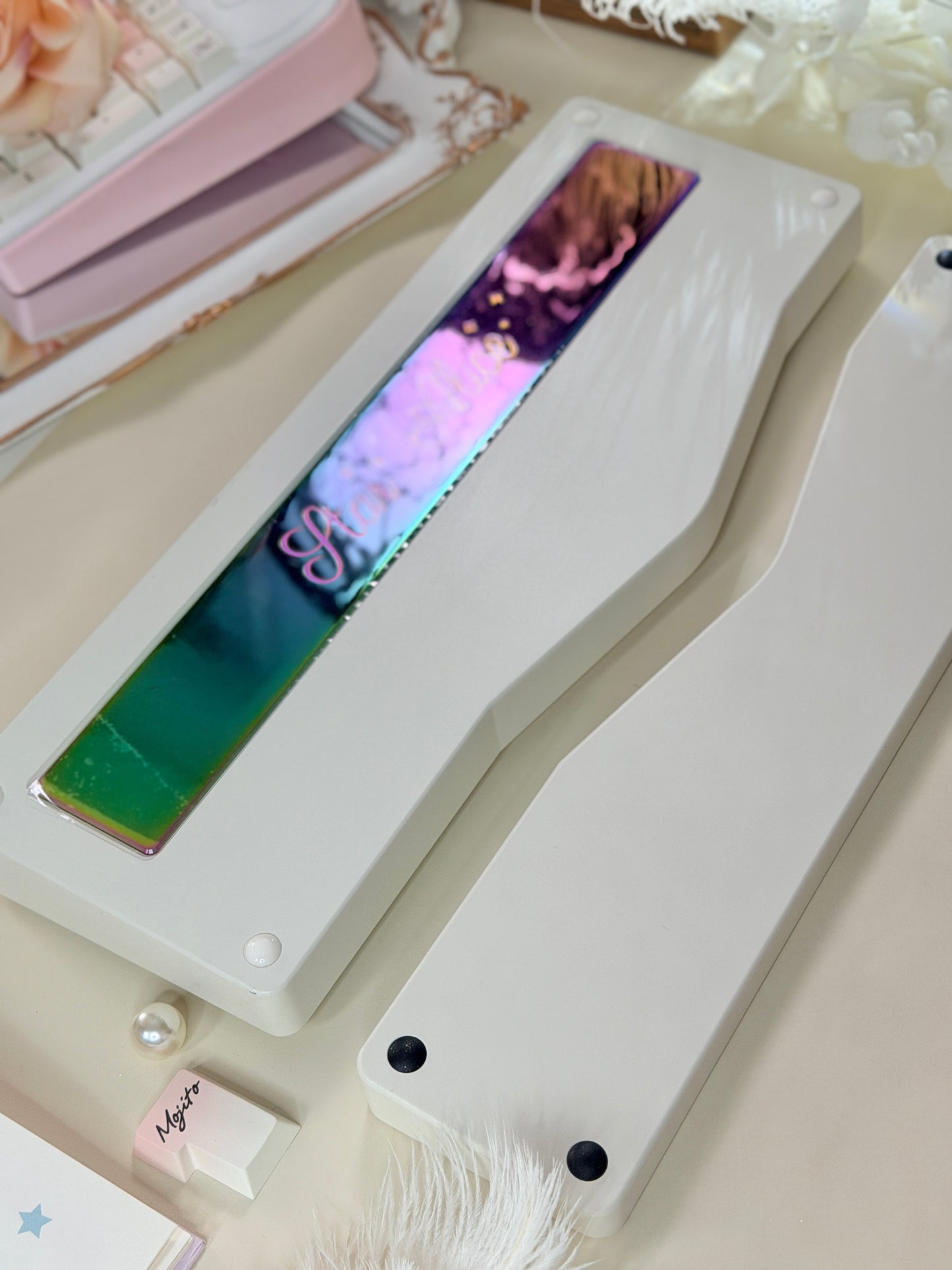 ONLY 1 Instock Prebuilt Aluminum Customized Mechanical Keyboard Staralice Cream White Set With Wristrest & Bow Pad