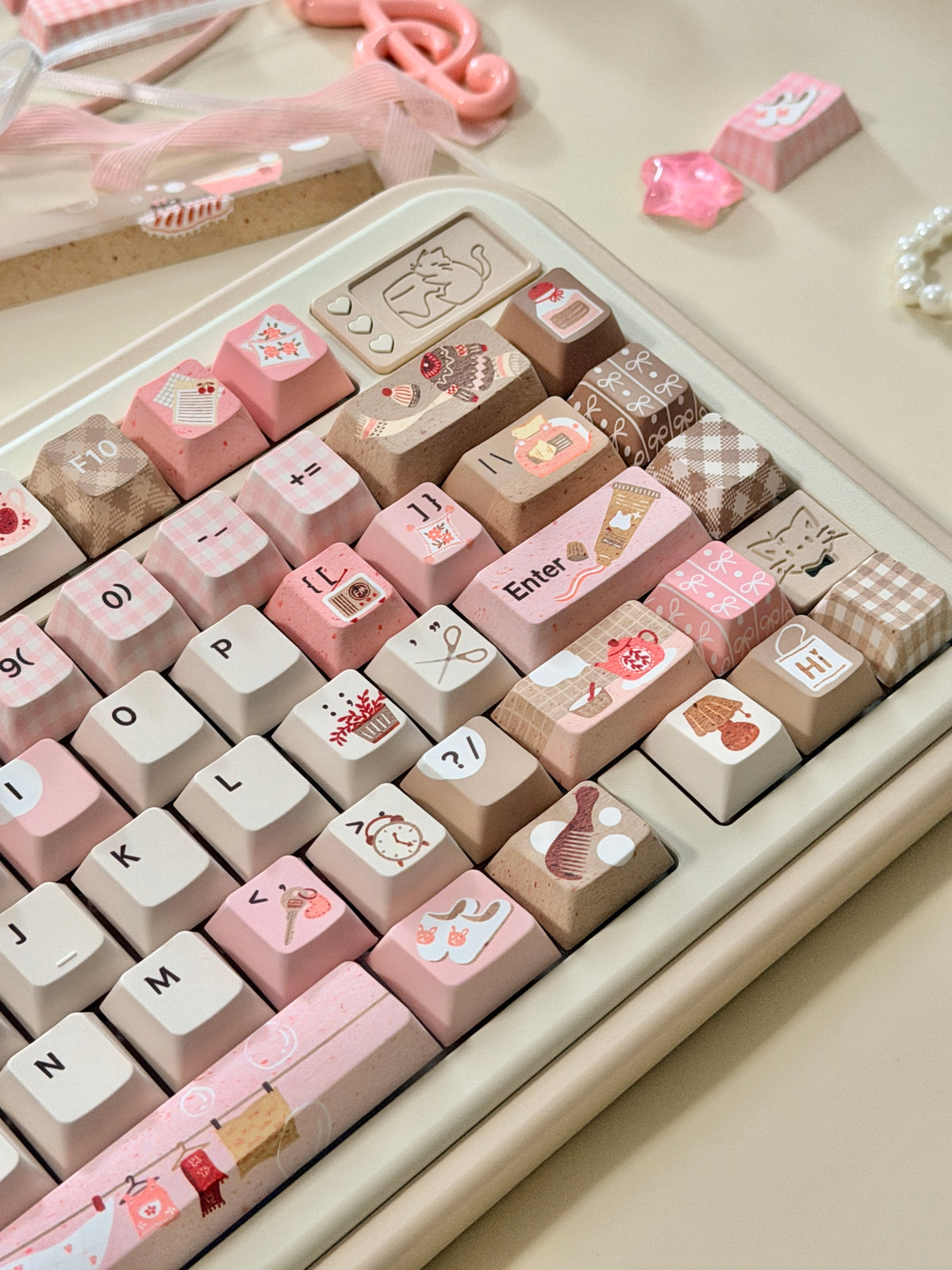 #0313 Sweet Home Strawberry Milk Café Keycaps – Kawaii Pink & Brown Dessert Theme Cute Custom Mechanical Keyboard Keycap Set