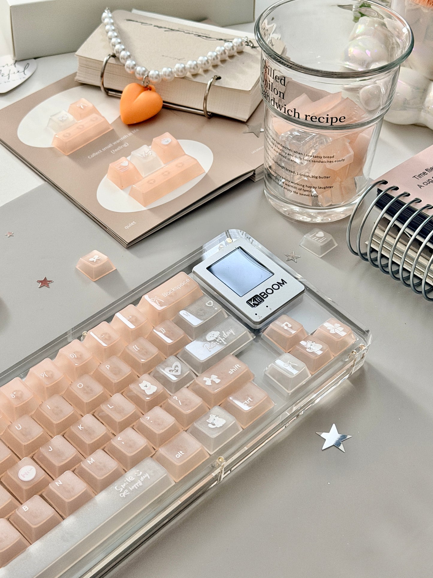 Unboxing Sample For Sale ONLY 1 Instock KiiBOOM Phantom 64 Clear Crystal Acrylic Keyboard + custom Peach Pink Keycaps