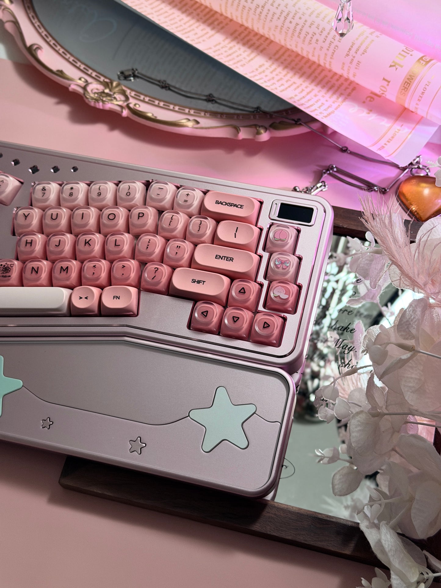 ONLY 1 Instock Prebuilt Aluminum Custom Mechanical Keyboard Staralice Ergonomic Anodized Pink Set including Wristrest Keycaps & switches