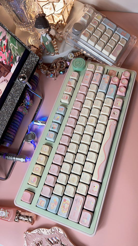 「Fully Assembled」Pastel Pink Green Cute Cat Aluminum Customized Mechanical Keyboard