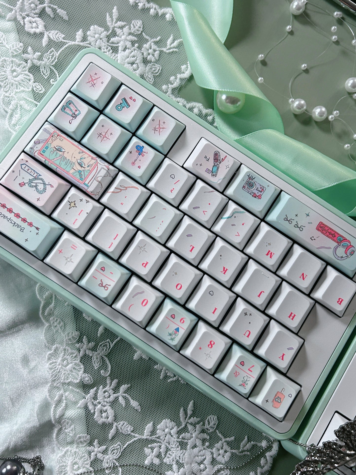 PREORDER Prebuilt Aluminum Customized Mechanical Keyboard Blockboy Split65 Mint Set With Bow Pad