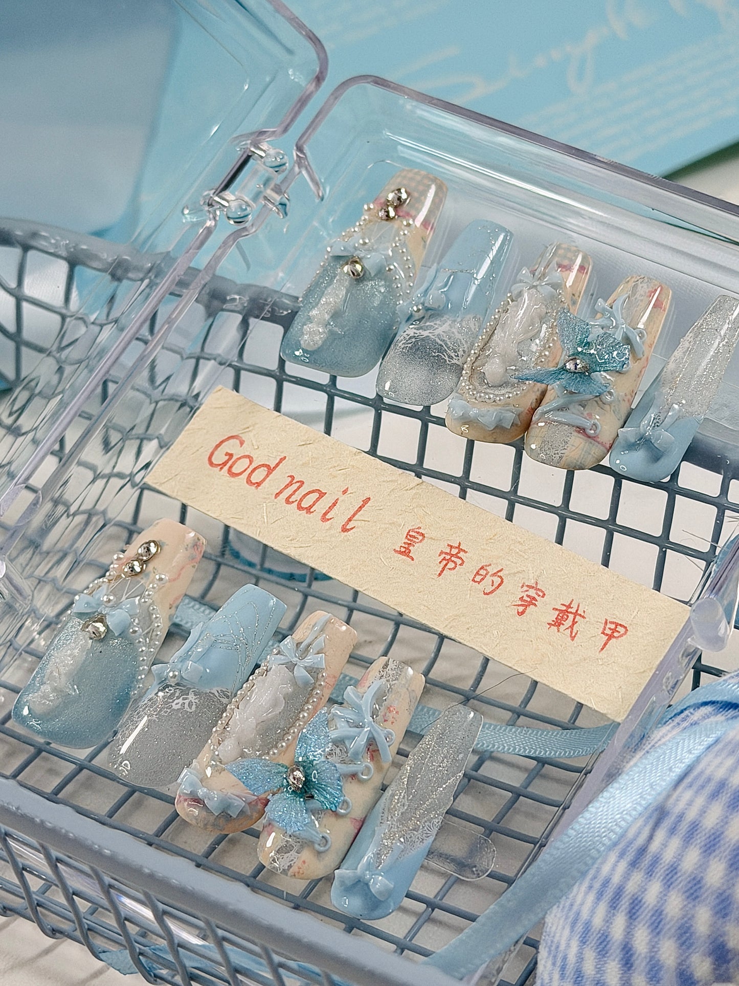 Blue Magnetic Butterfly Lace Press On Nails Long Coffin Pearl Beads Angel