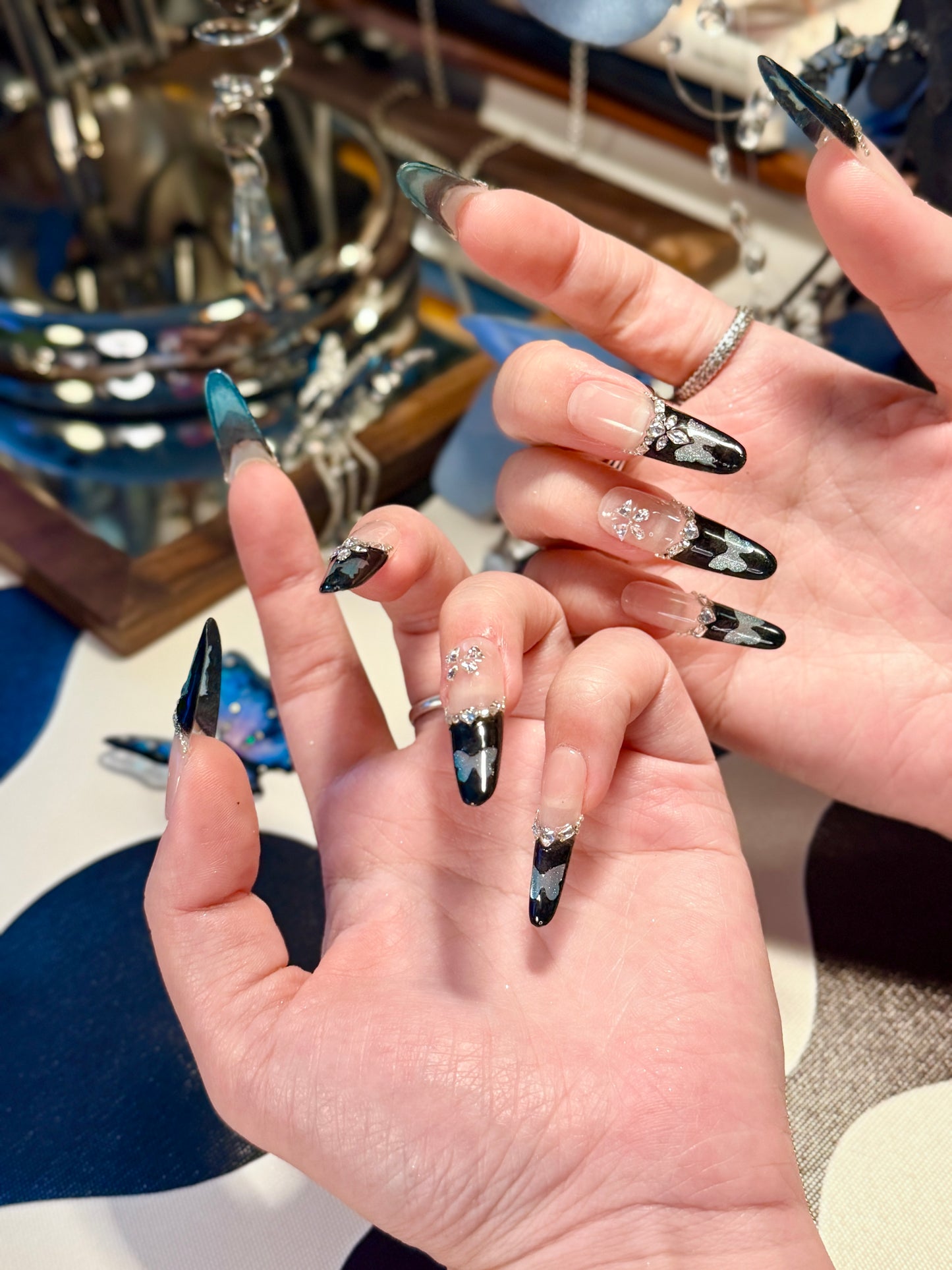 Black Blue Butterfly Press On Nails Shimmering Diamond Long Oval Handmade Nail Arts