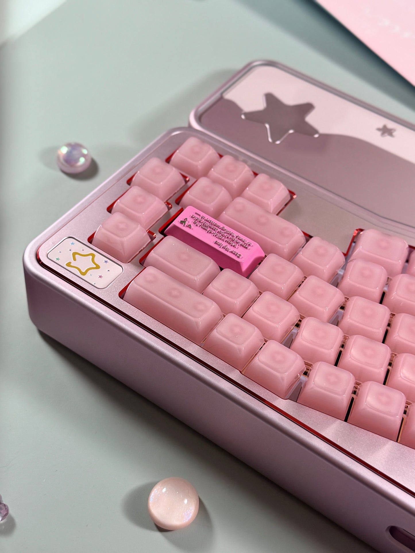 ONLY 1 Instock Prebuilt Aluminum Custom Mechanical Keyboard Staralice Ergonomic Anodized Pink Set including Wristrest Keycaps & switches