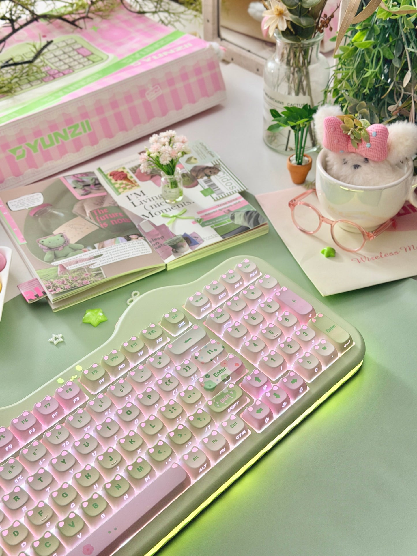 Unboxing Clearance ONLY 1 YUNZII C98 MAO Cake Kitten Wireless Mechanical Keyboard （preorder Green）