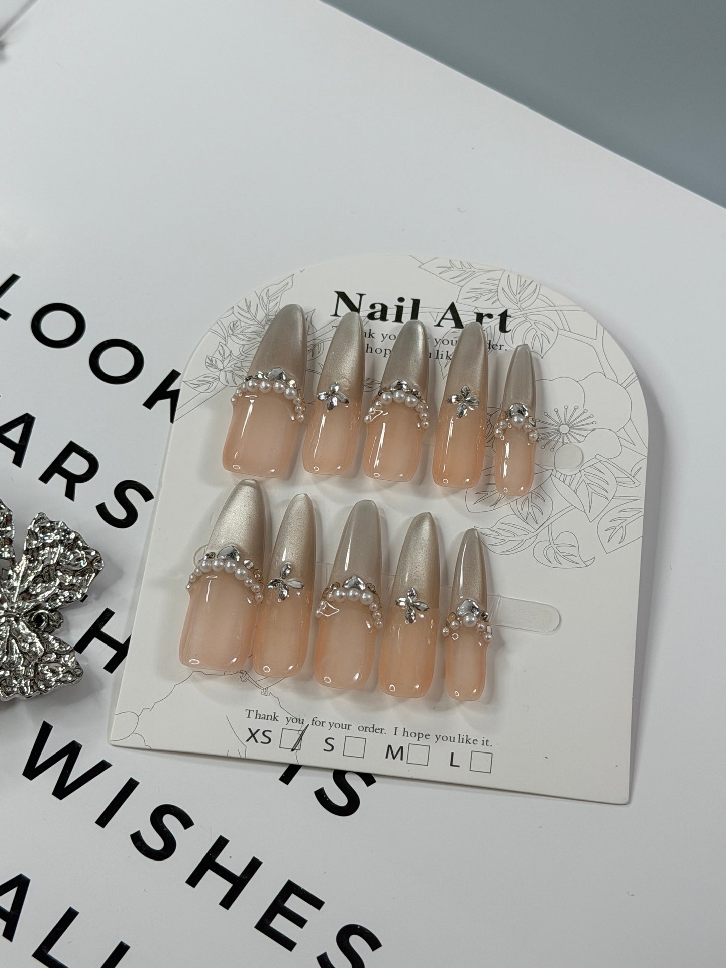 Silver Champagne Press On Nails Shimmering Diamond Pearl Long Stelitto Handmade Nail