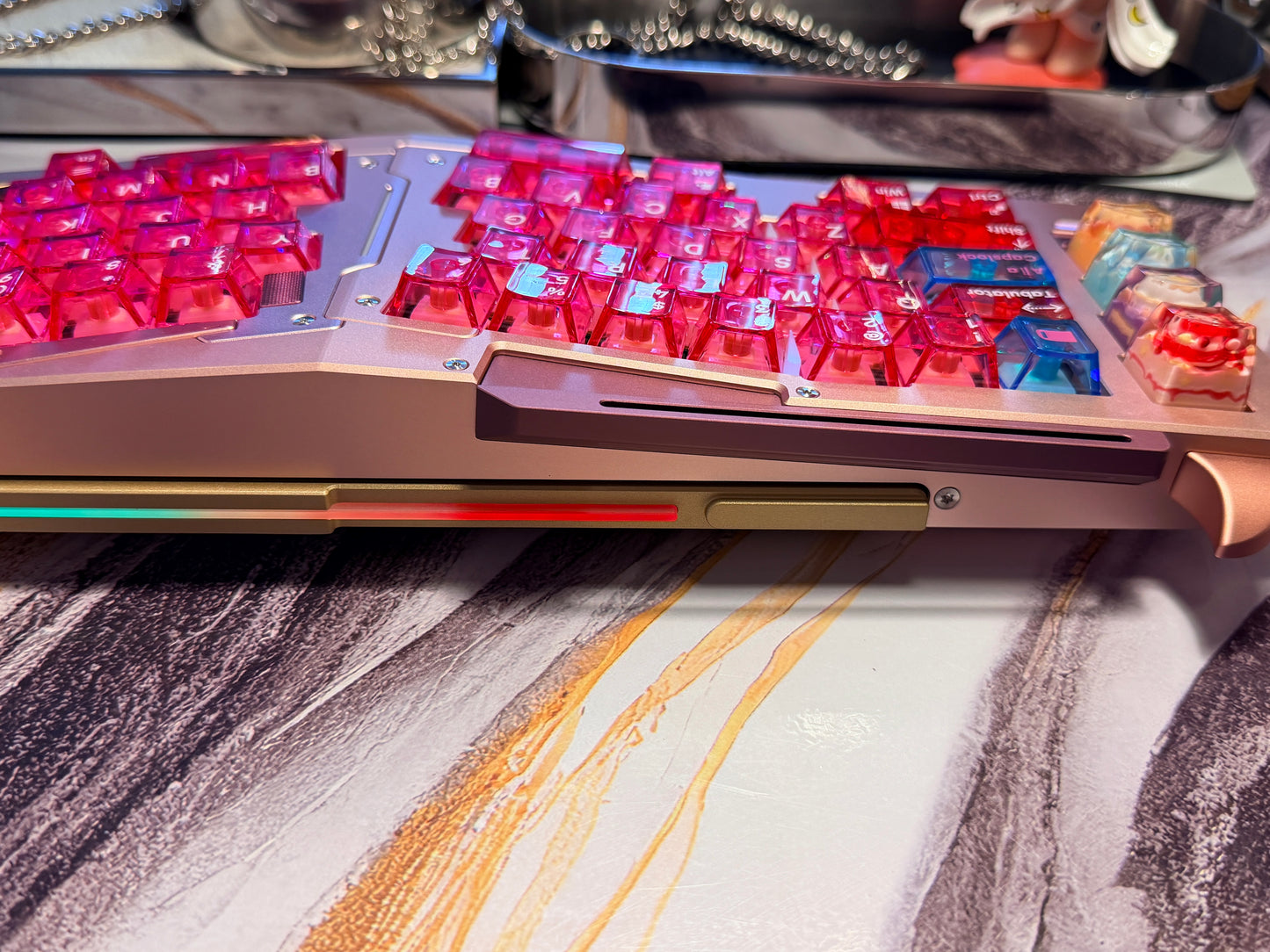 Preorder Prebuilt Aluminum Customized Mechanical Keyboard Owlab HellCat Anodized Pink Ergonomic Set & Wristrest