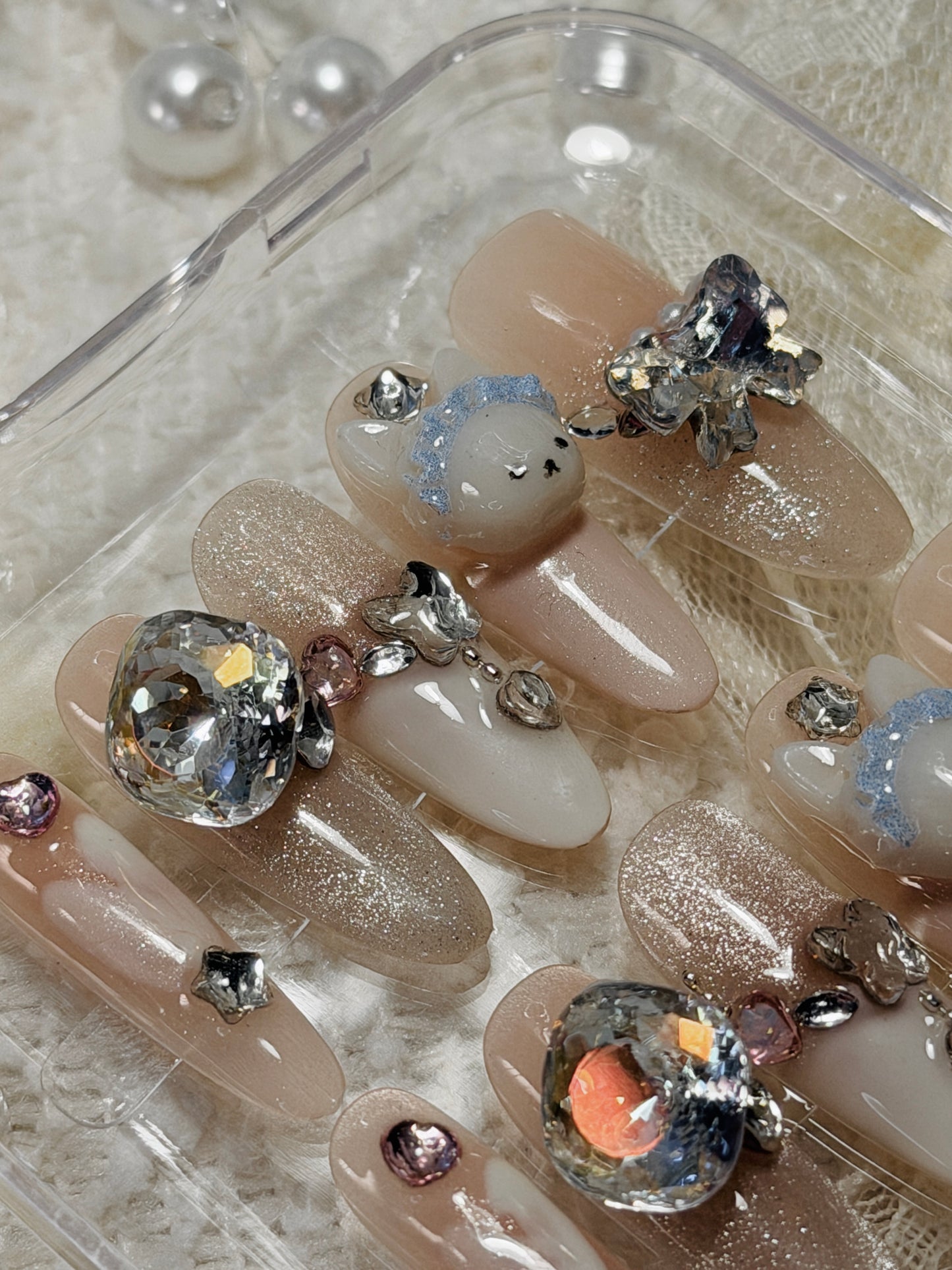 Designer False Nails Cute Bunny Diamond Creamy Champion Shimmer Long Press-On Nails(#937)