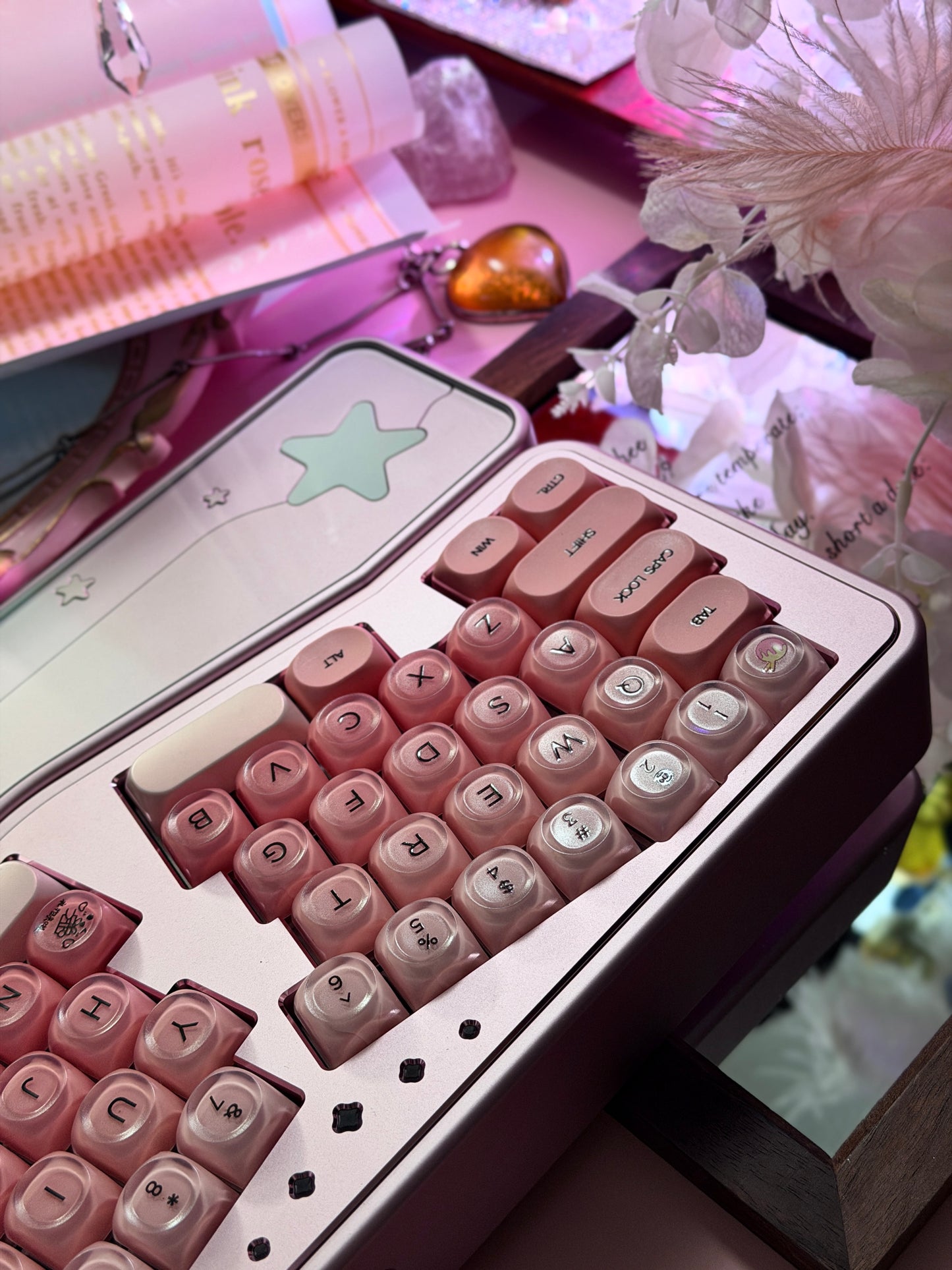 ONLY 1 Instock Prebuilt Aluminum Custom Mechanical Keyboard Staralice Ergonomic Anodized Pink Set including Wristrest Keycaps & switches