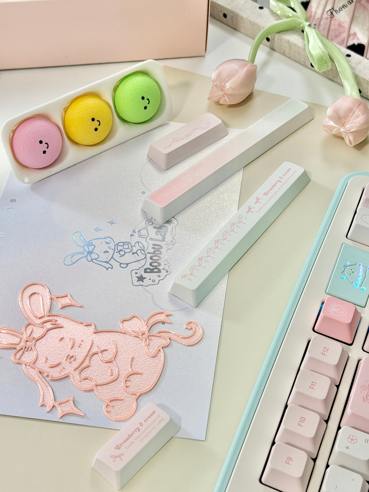 #0314 Bunny Berry Roll Pastel Strawberry Milk & Mint Green Keycap Set – Kawaii Pink Cream Cute Cartoon Mechanical Keyboard Keycaps