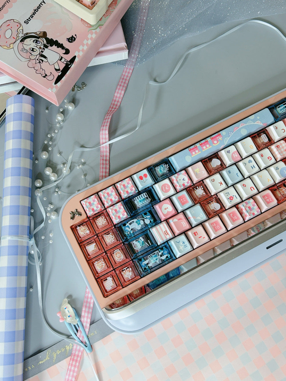 ONLY 1 Instock Prebuilt Aluminum Customized Mechanical Keyboard Targa65 Pink Blue Set（with switch & Keycap）