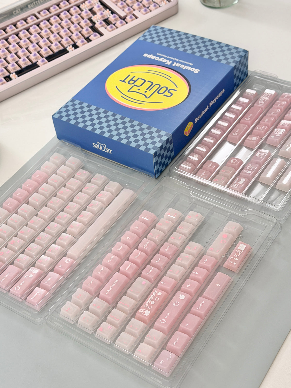 #0308 SoulCat Pink Strawberry Milk Jelly PC Keycap – Cute Romantic Keycap for Mechanical Keyboards, Kawaii Pink Cherry MX Keycap