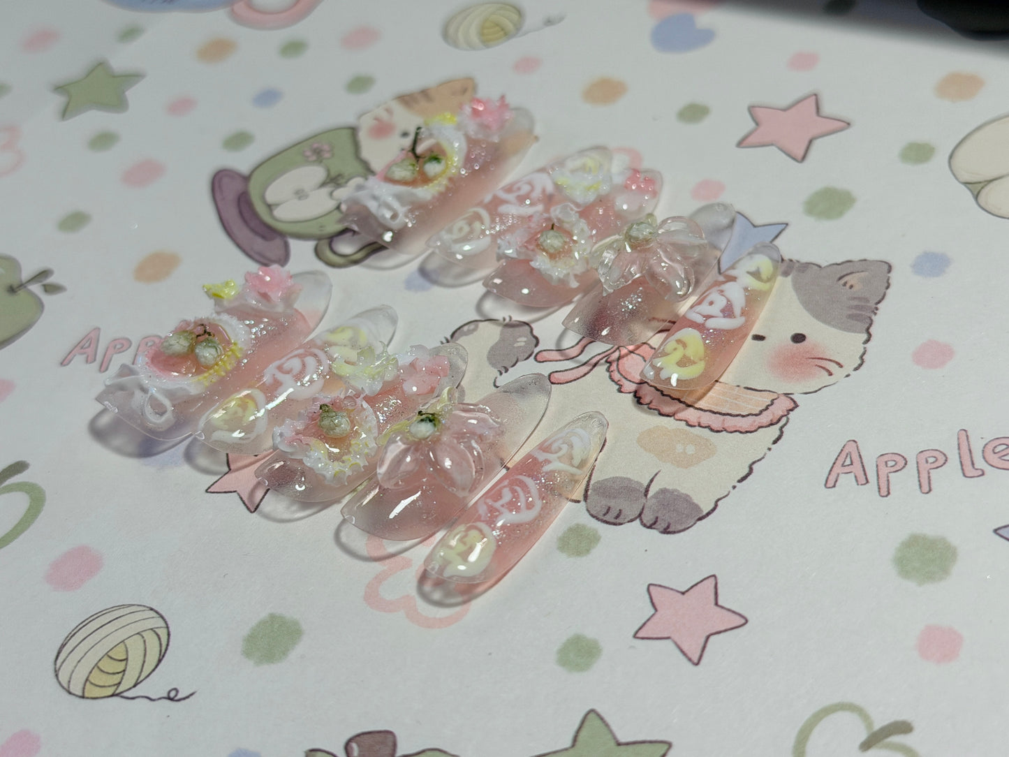 ONLY 1 Left Handmade False Nails Green Pink Oval Fairy Forest 3D Flower Rococo Style Press On Nails（#884）