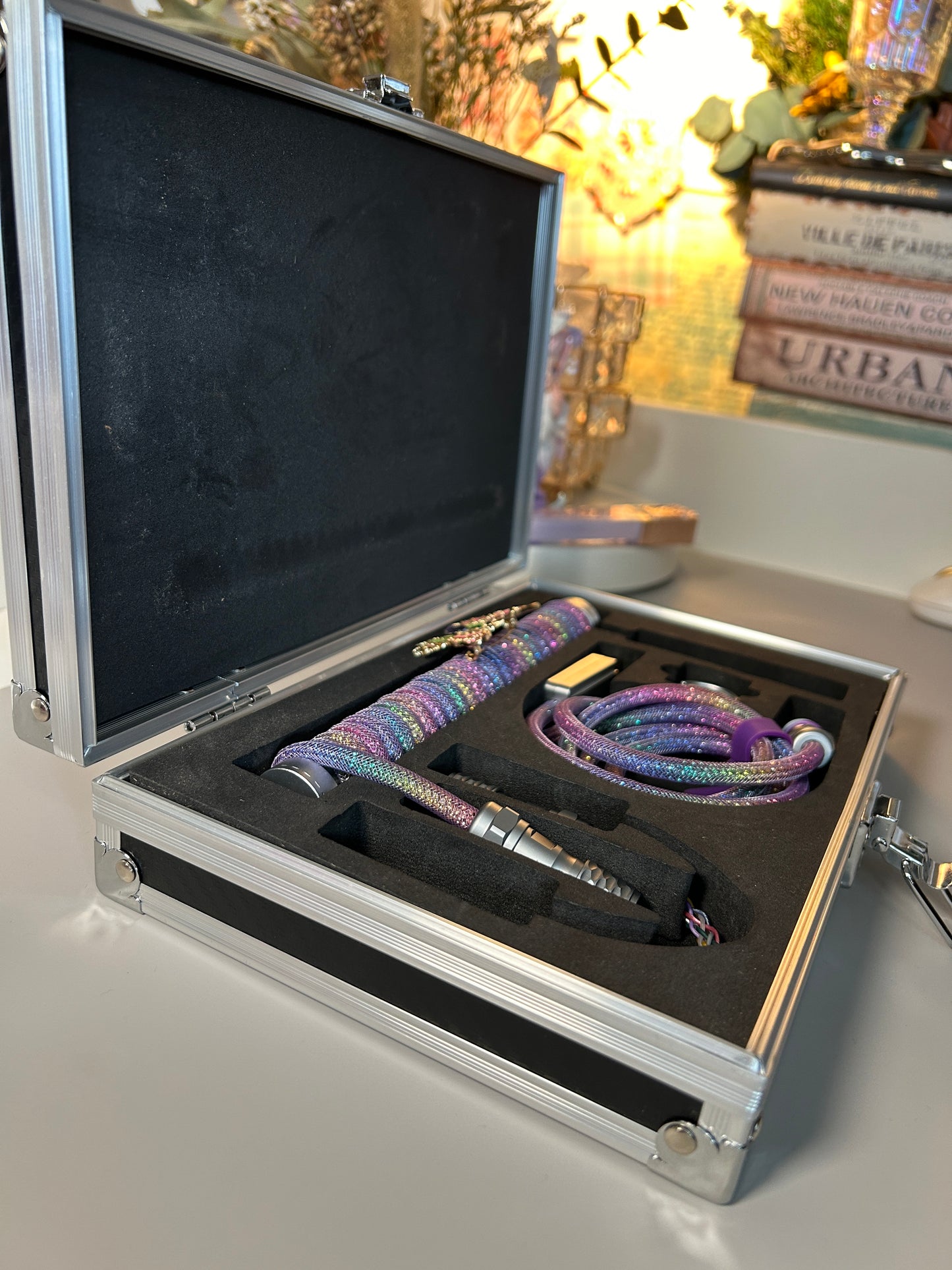 Rainbow Purple Pink Diamond Shiny Dreamy Butterfly Winshop Mechanical Keyboard Coiled Cable Set With Suitcase Shaped Organizer