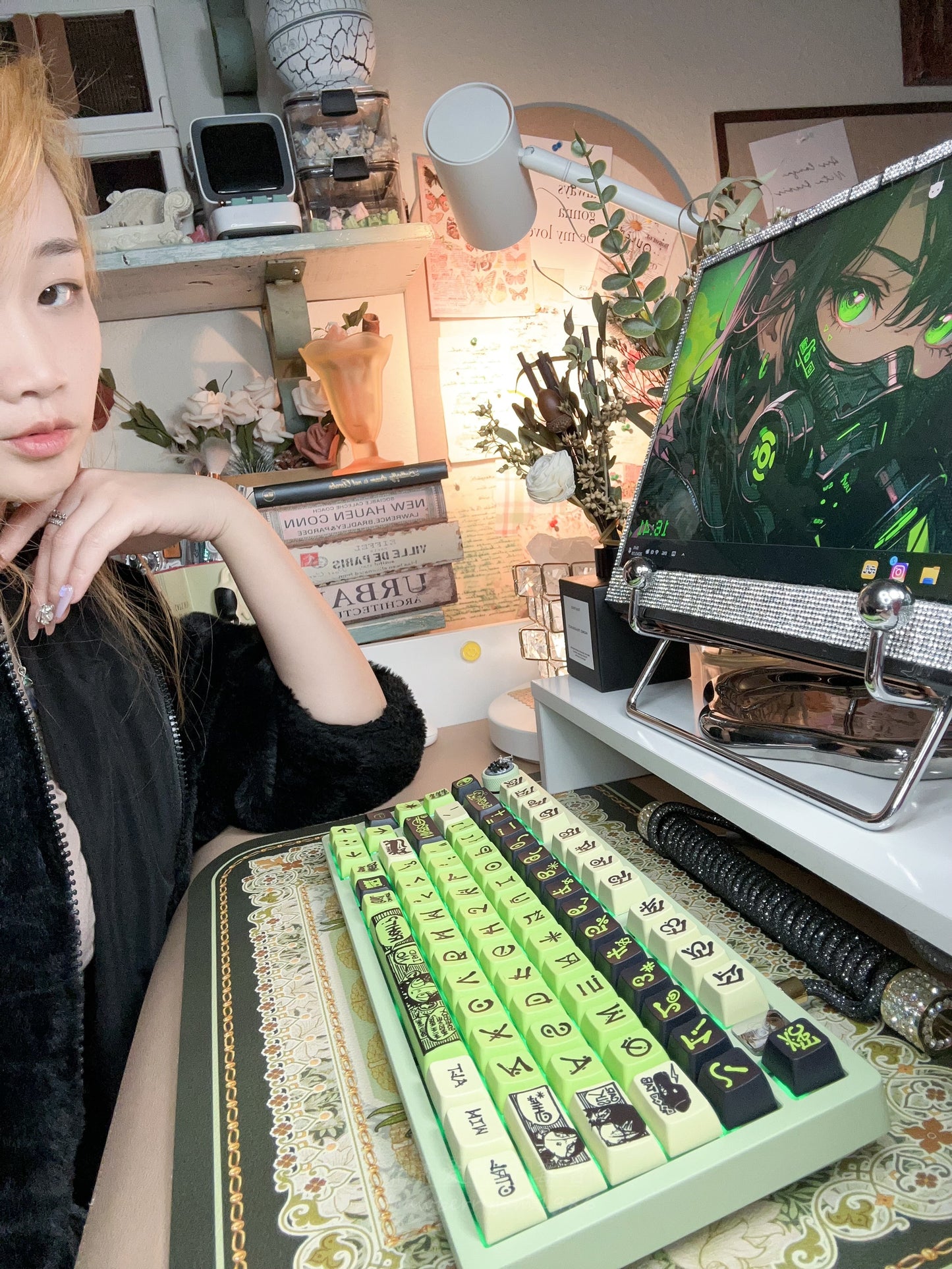 「Fully Assembled」Matcha  Greebn Hi75 Aluminum Mechanical Customized Keyboard  with fluorescent Green NINEGO street artists keycaps and linear Akashi switch