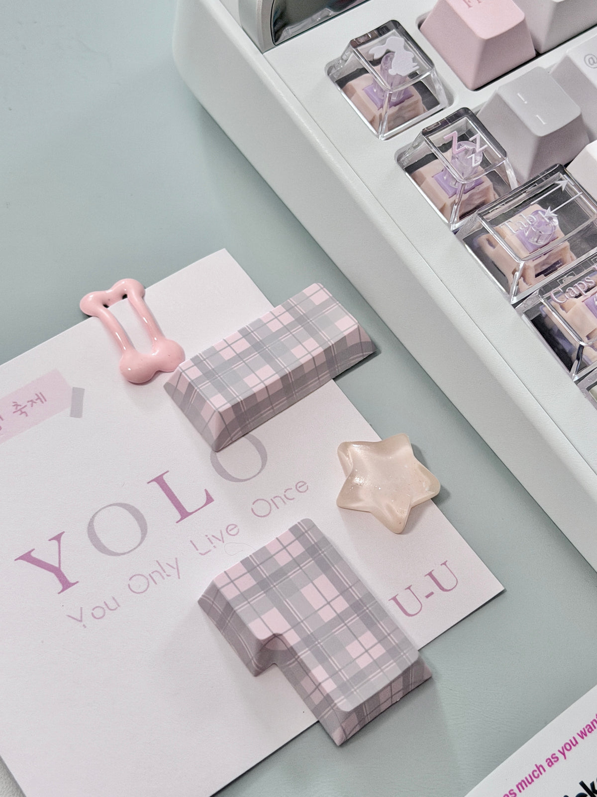#0310 YOLO Pale Pink Light Gray Aesthetic Keycaps Set | Cute Mechanical Keyboard Keycaps