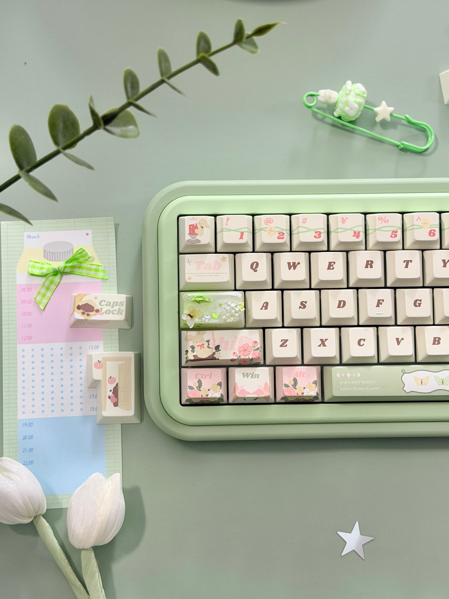 #0301 Matcha Dream Garden Keycap Set – Floral Cherry Profile Keycaps for Custom Mechanical Keyboards DESIGNED BYLYCHEE CAPS