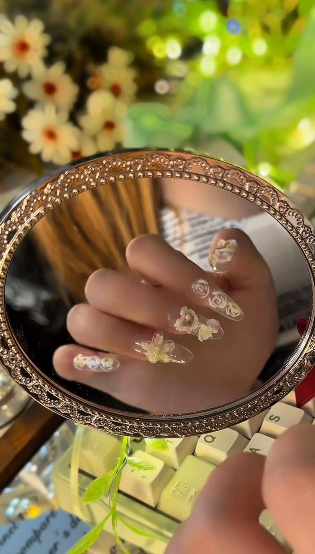 ONLY 1 Left Handmade False Nails Green Pink Oval Fairy Forest 3D Flower Rococo Style Press On Nails（#884）