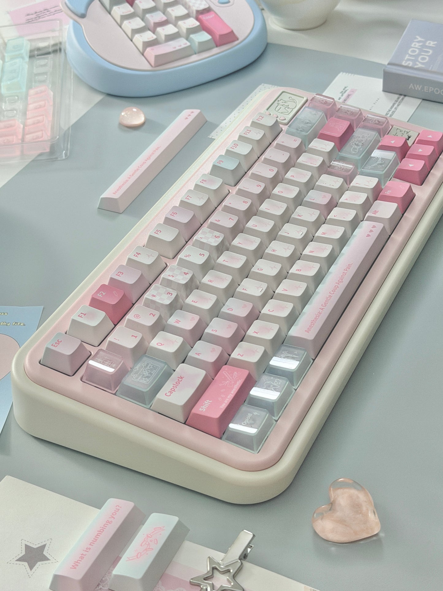 ONLY 1 Instock Creme75 Pale Pink Cream White Prebuilt Custom Aluminum Mechanical Keyboard Set ➕ Cat Pad
