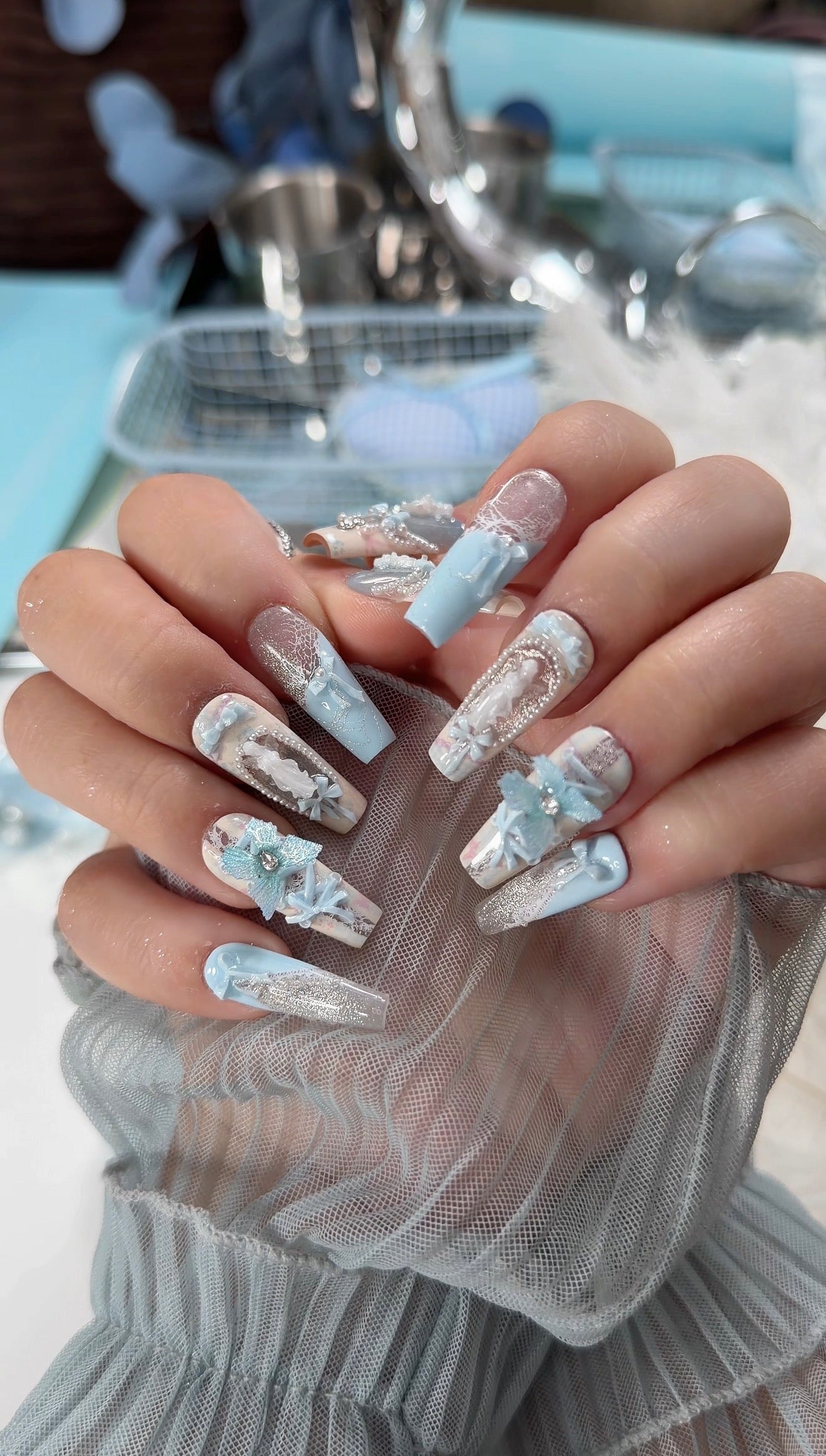 Blue Magnetic Butterfly Lace Press On Nails Long Coffin Pearl Beads Angel