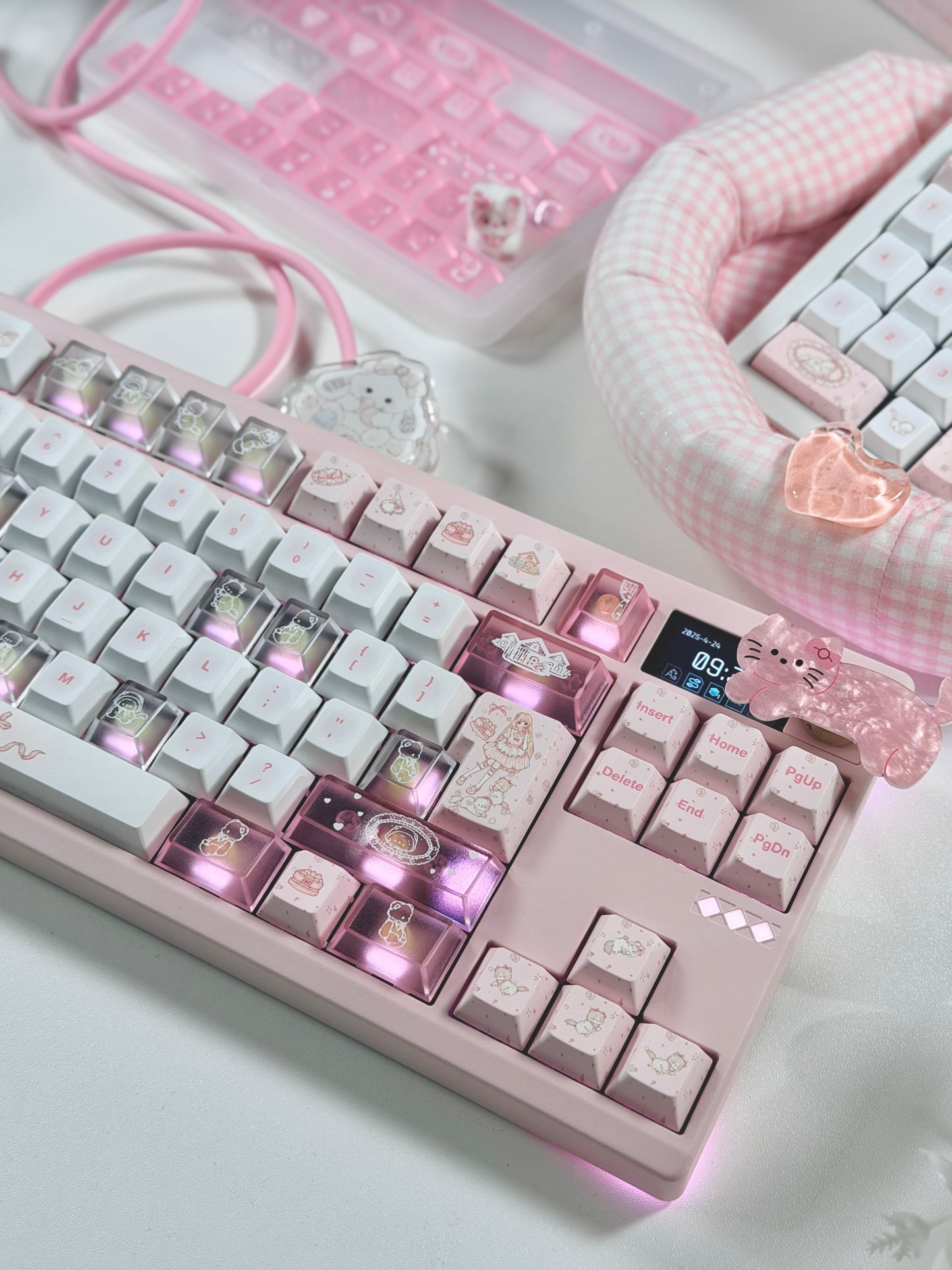 ONLY 1 Instock Prebuilt Aluminum Custom Mechanical Keyboard Pale Pink Meletrix ZOOM TKL DYNA Cat Keycap Set & Bow Pad