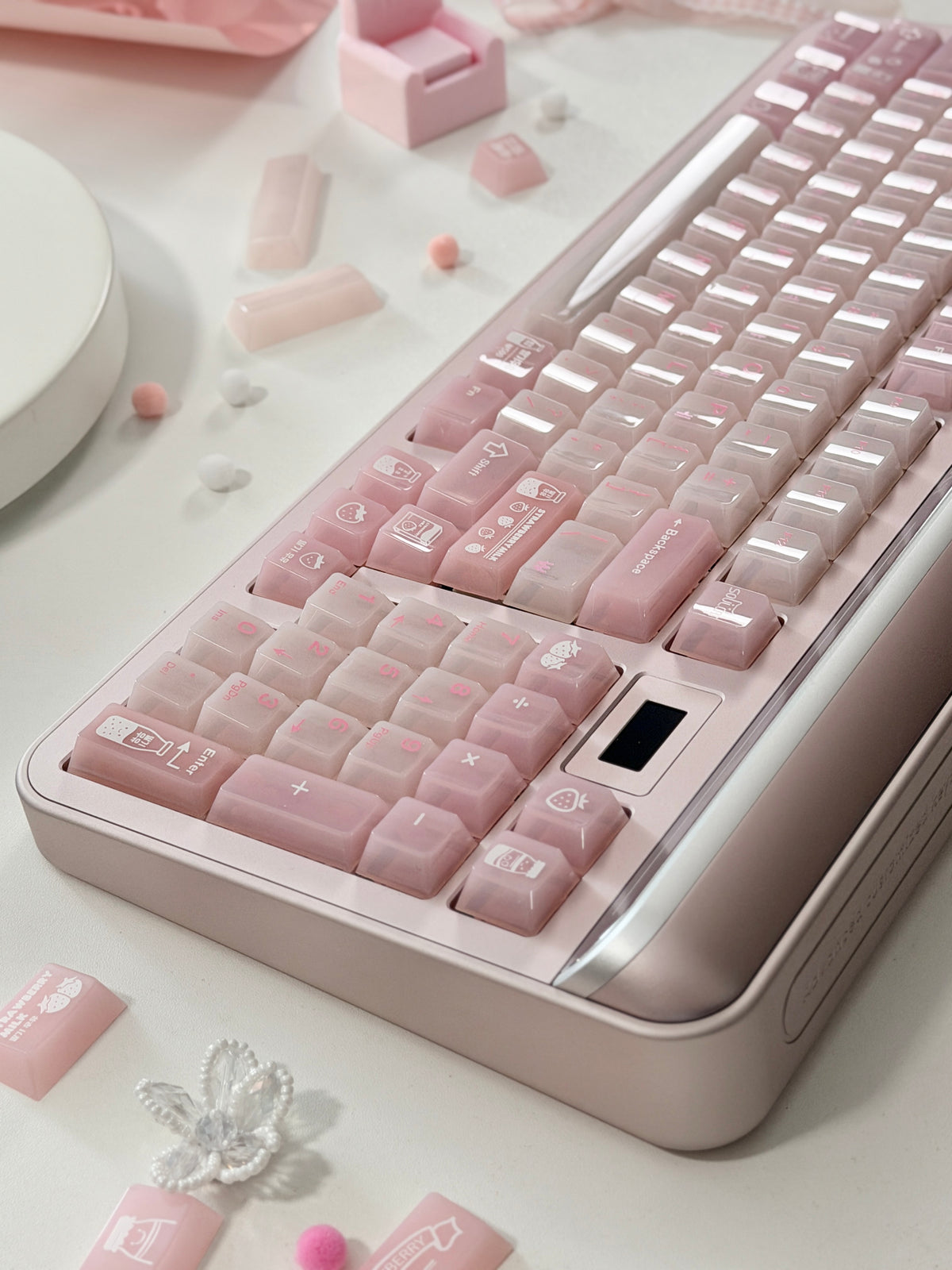 #0308 SoulCat Pink Strawberry Milk Jelly PC Keycap – Cute Romantic Keycap for Mechanical Keyboards, Kawaii Pink Cherry MX Keycap