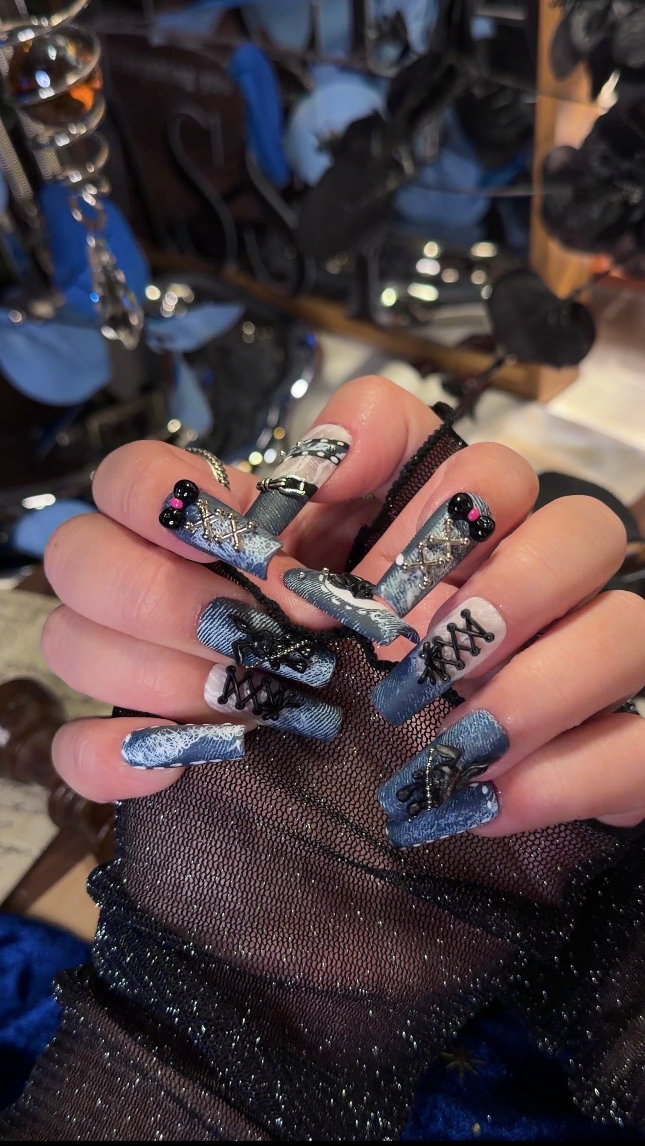 Punk Bunny 3D Lace Strap Denim Jeans Pattern Press On Nails Long Pipe Handmade Paint