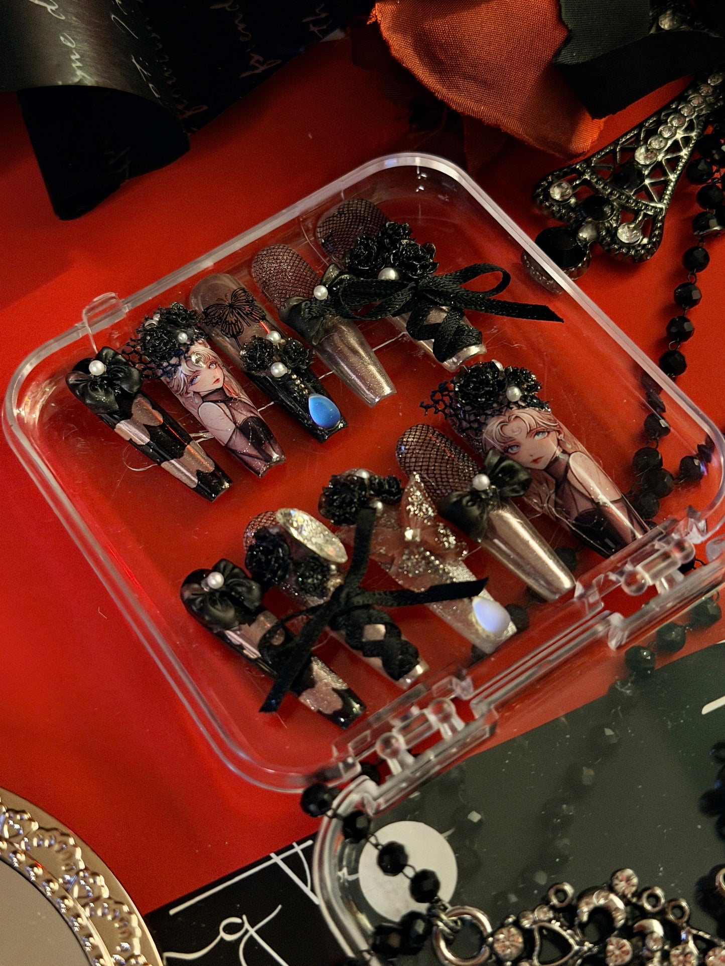 Gothic Dark Black Butterfly Lace Moonstone Press On Nails Long Coffin Handmade Paint