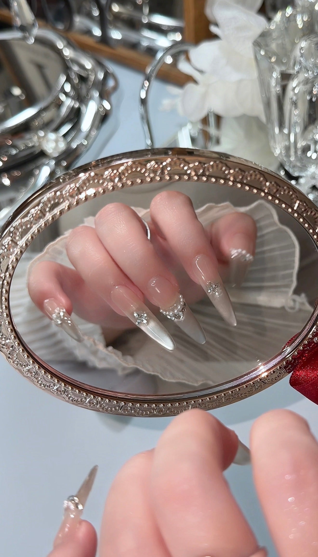 Silver Champagne Press On Nails Shimmering Diamond Pearl Long Stelitto Handmade Nail
