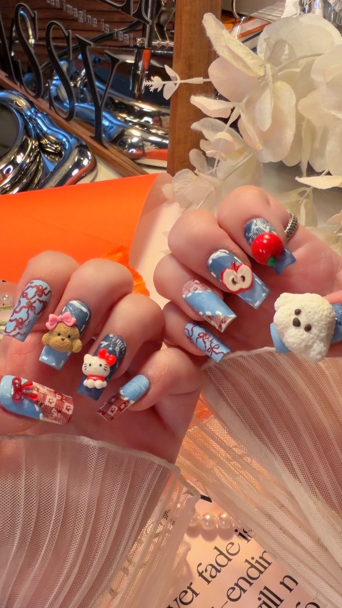 Kawaii Puppy Kitty 3D Red Apple Bow Denim Jeans Pattern Press On Nails Long Pipe