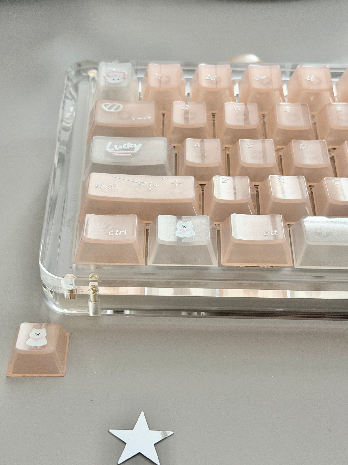 Unboxing Sample For Sale ONLY 1 Instock KiiBOOM Phantom 64 Clear Crystal Acrylic Keyboard + custom Peach Pink Keycaps