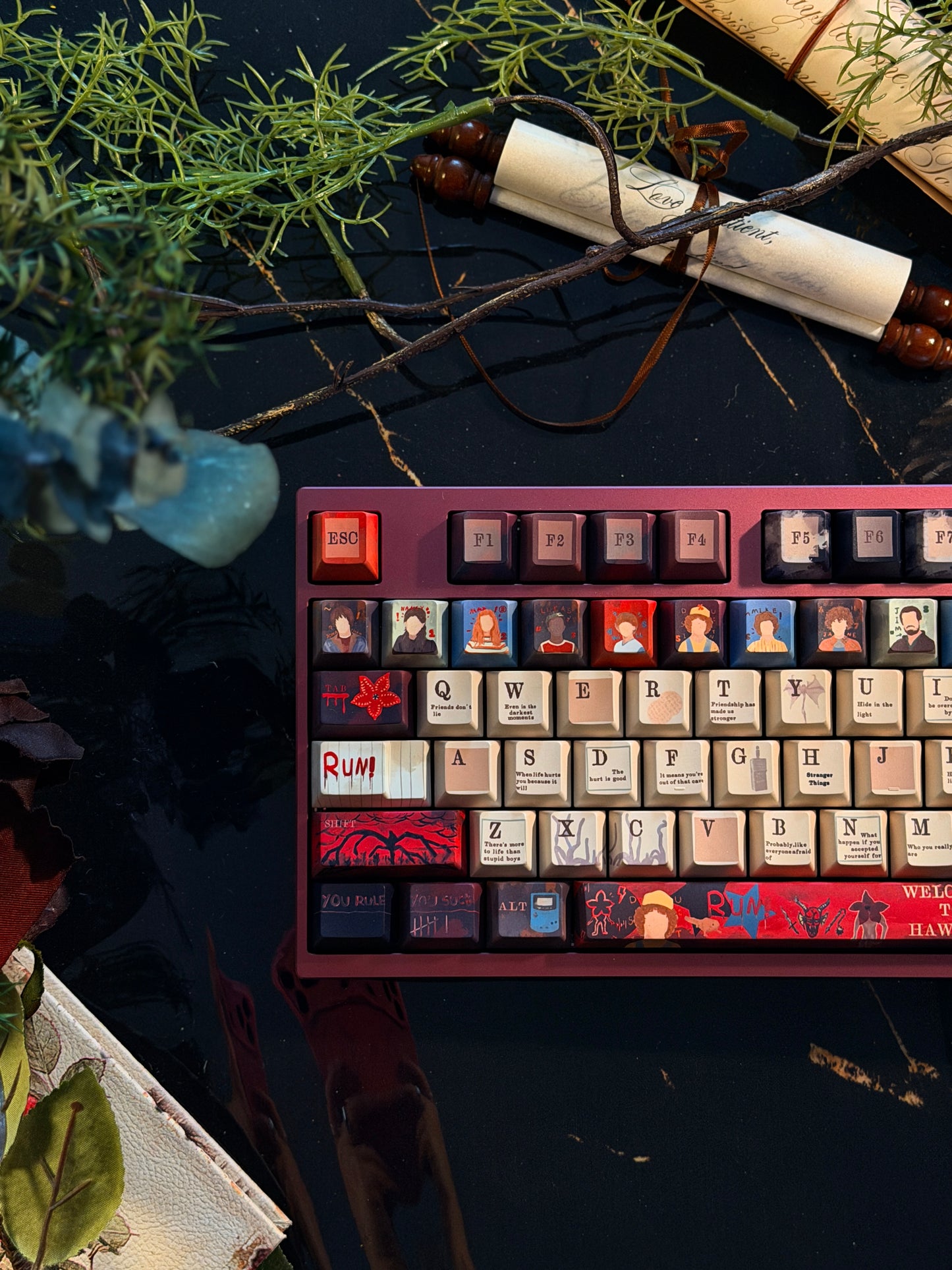 ONLY 1 Instock Prebuilt Neo98 Anodized Dusty Rose Mechanical Custom Keyboard + stranger things Keycaps