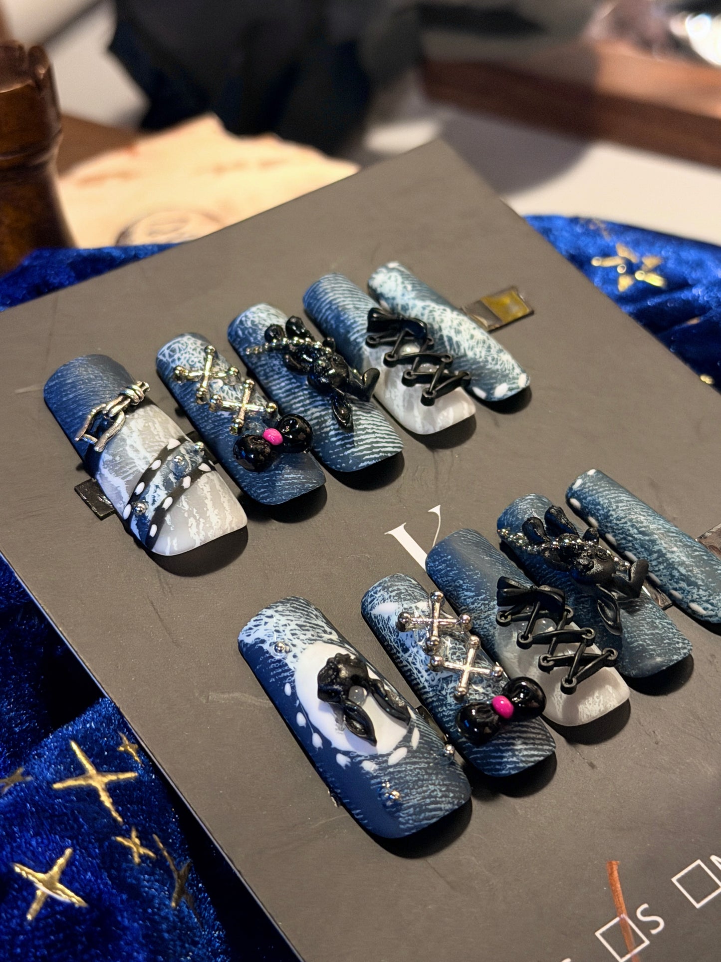 Punk Bunny 3D Lace Strap Denim Jeans Pattern Press On Nails Long Pipe Handmade Paint