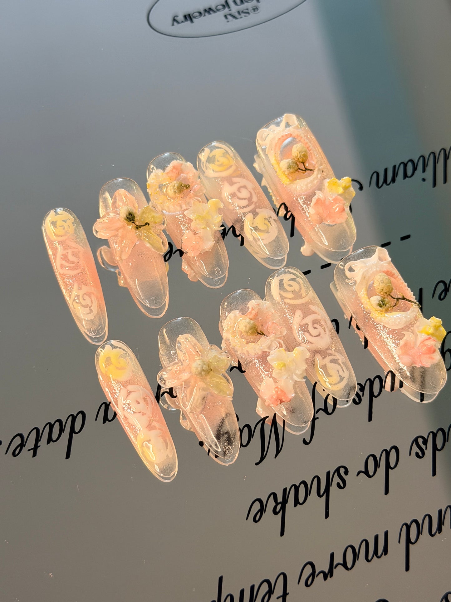 ONLY 1 Left Handmade False Nails Green Pink Oval Fairy Forest 3D Flower Rococo Style Press On Nails（#884）