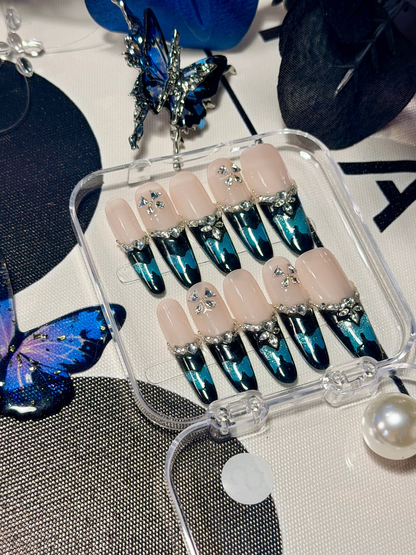 Black Blue Butterfly Press On Nails Shimmering Diamond Long Oval Handmade Nail Arts