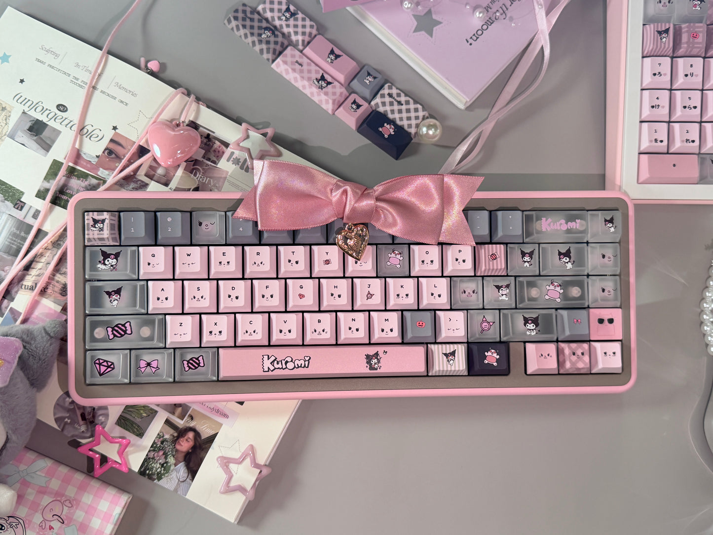 ONLY 1 INSTOCK Prebuilt Aluminum Customized Mechanical Keyboard Rose65 Grey Pink Set With Bow Pad